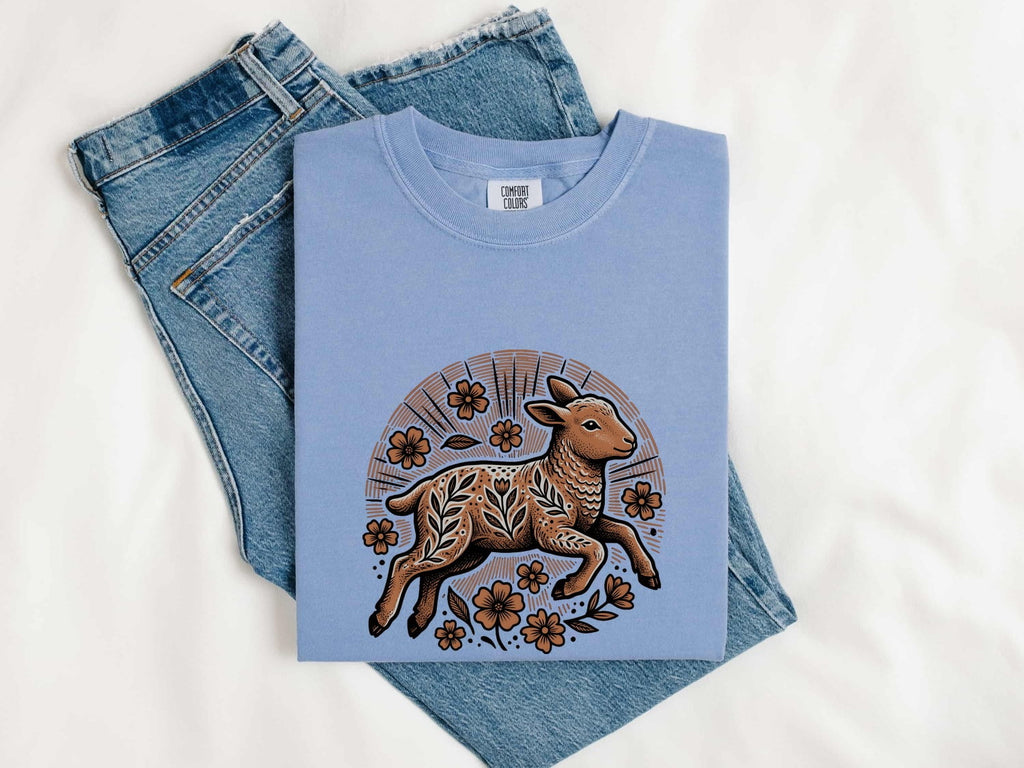 Lamb Sketch Shirt for Women – Easter Tribal Floral Pattern Sheep Graphic Tee