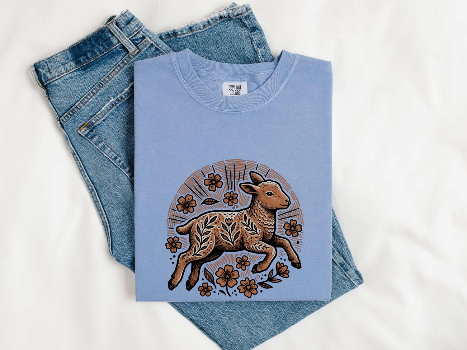 Lamb Sketch Shirt for Women – Easter Tribal Floral Pattern Sheep Graphic Tee