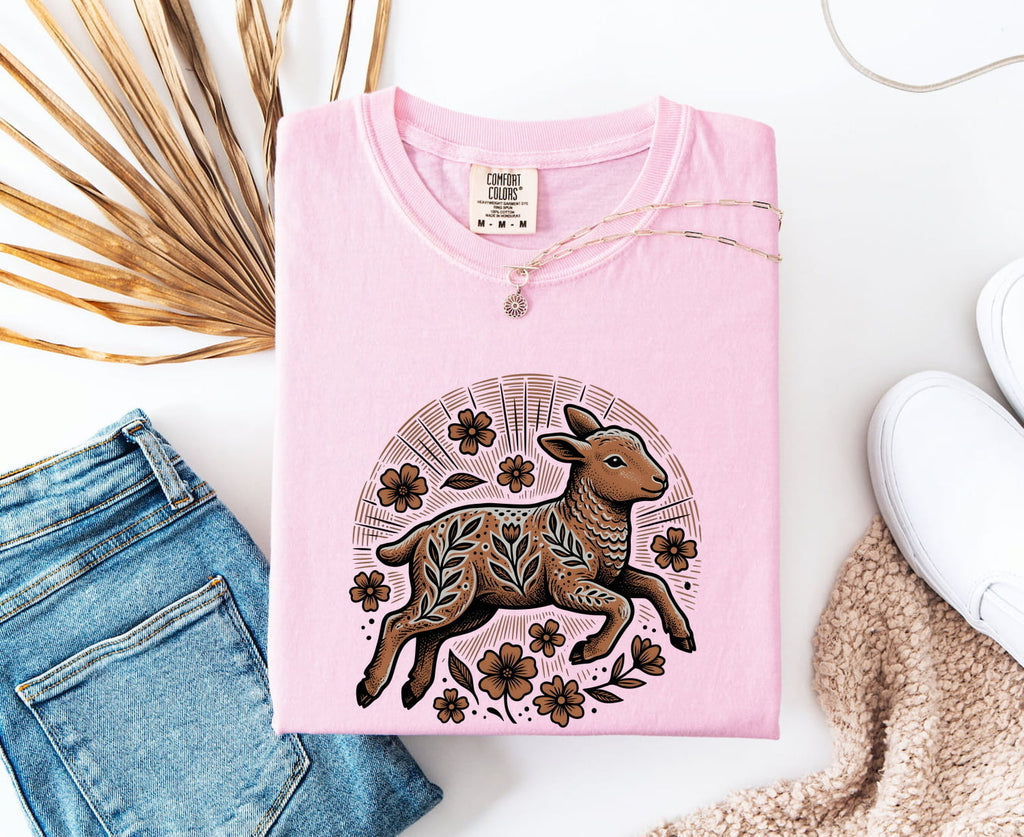 Lamb Sketch Shirt for Women – Easter Tribal Floral Pattern Sheep Graphic Tee