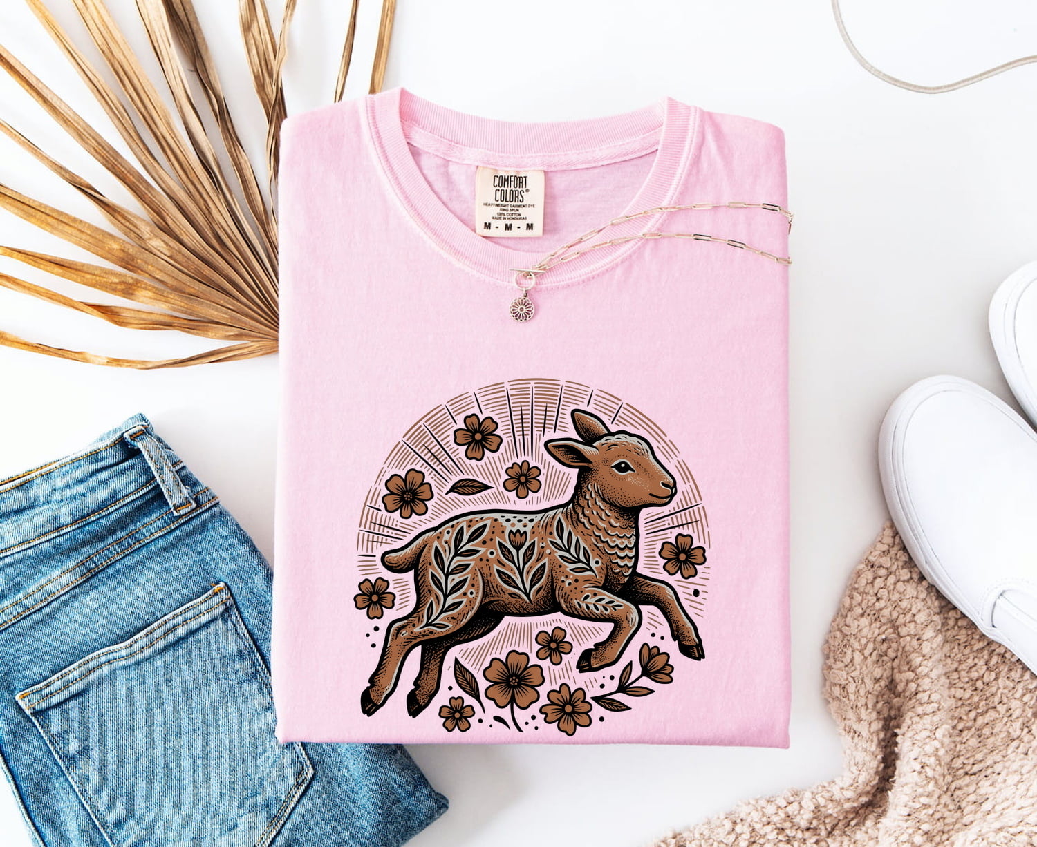 Lamb Sketch Shirt for Women – Easter Tribal Floral Pattern Sheep Graphic Tee