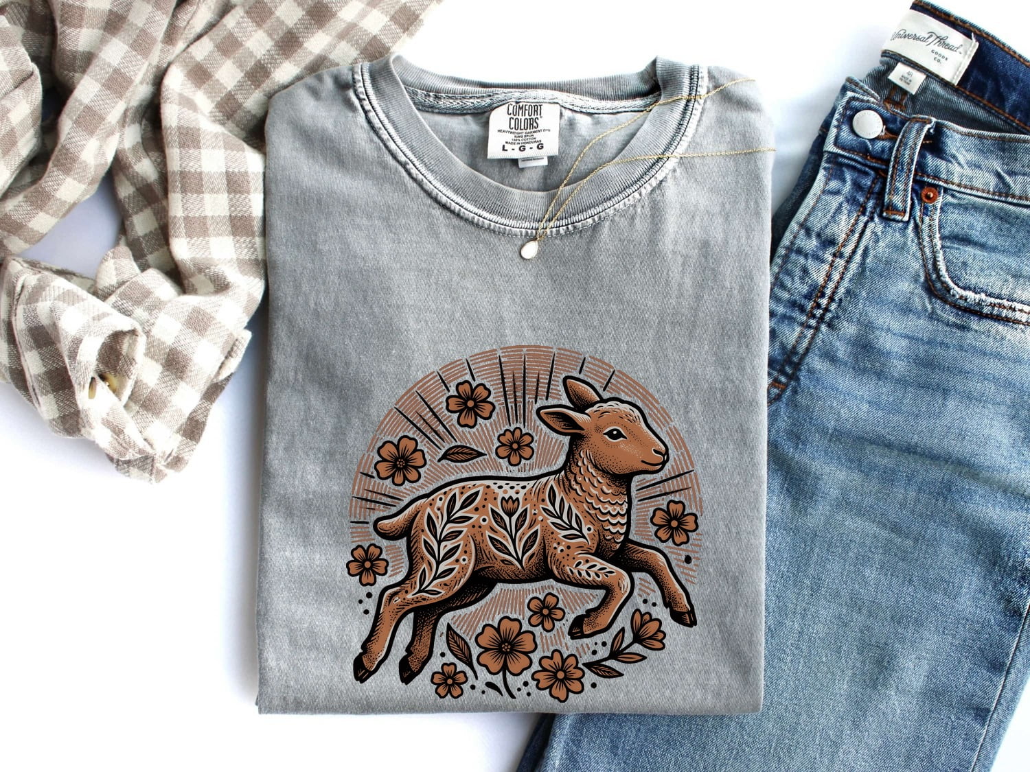 Lamb Sketch Shirt for Women – Easter Tribal Floral Pattern Sheep Graphic Tee