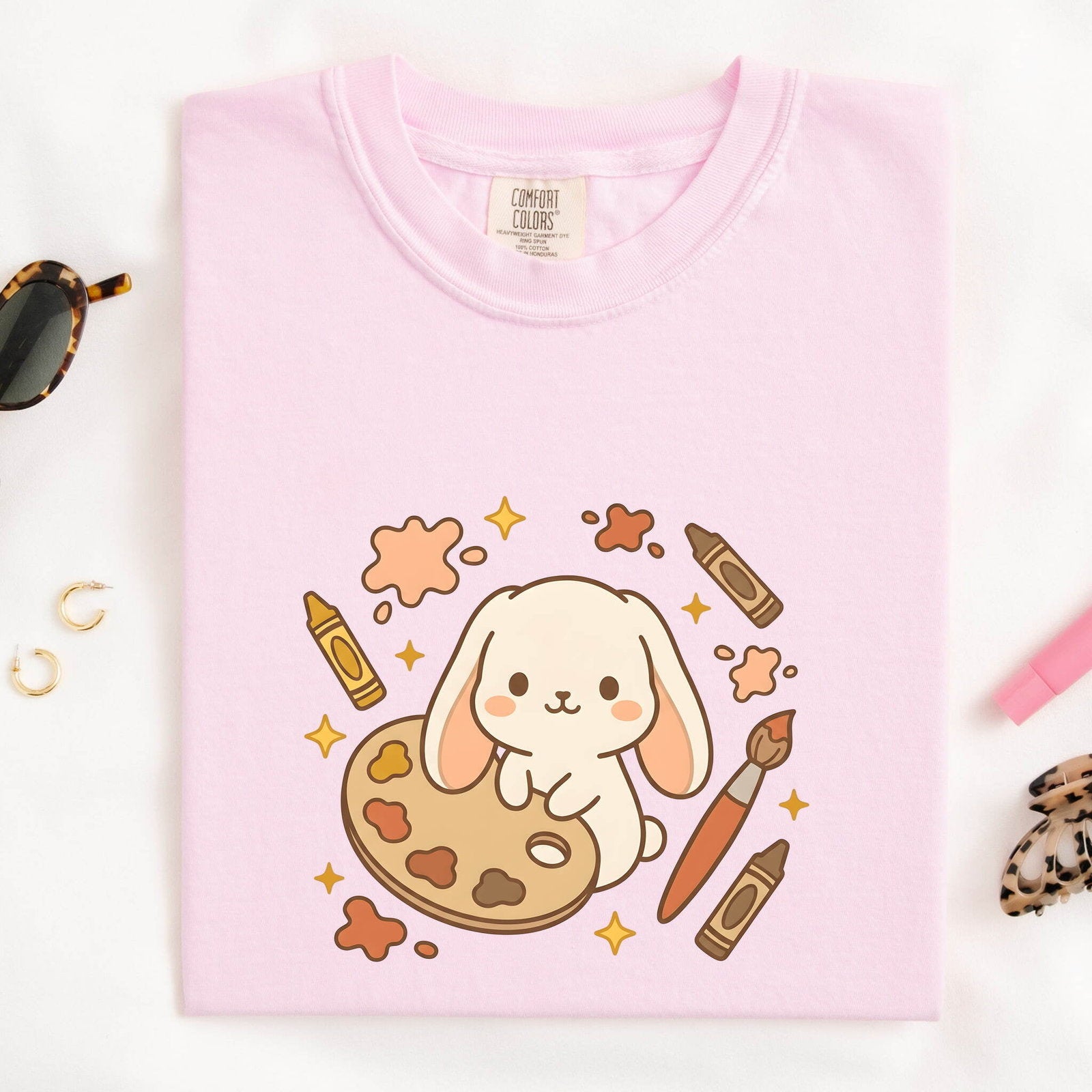 Rabbit Painter Shirt Teacher Pets Gift Women Cute Tee Bunny T-Shirt Educator Enthusiast Adorable Tshirt Animal Graphic Comic Colored Pencils