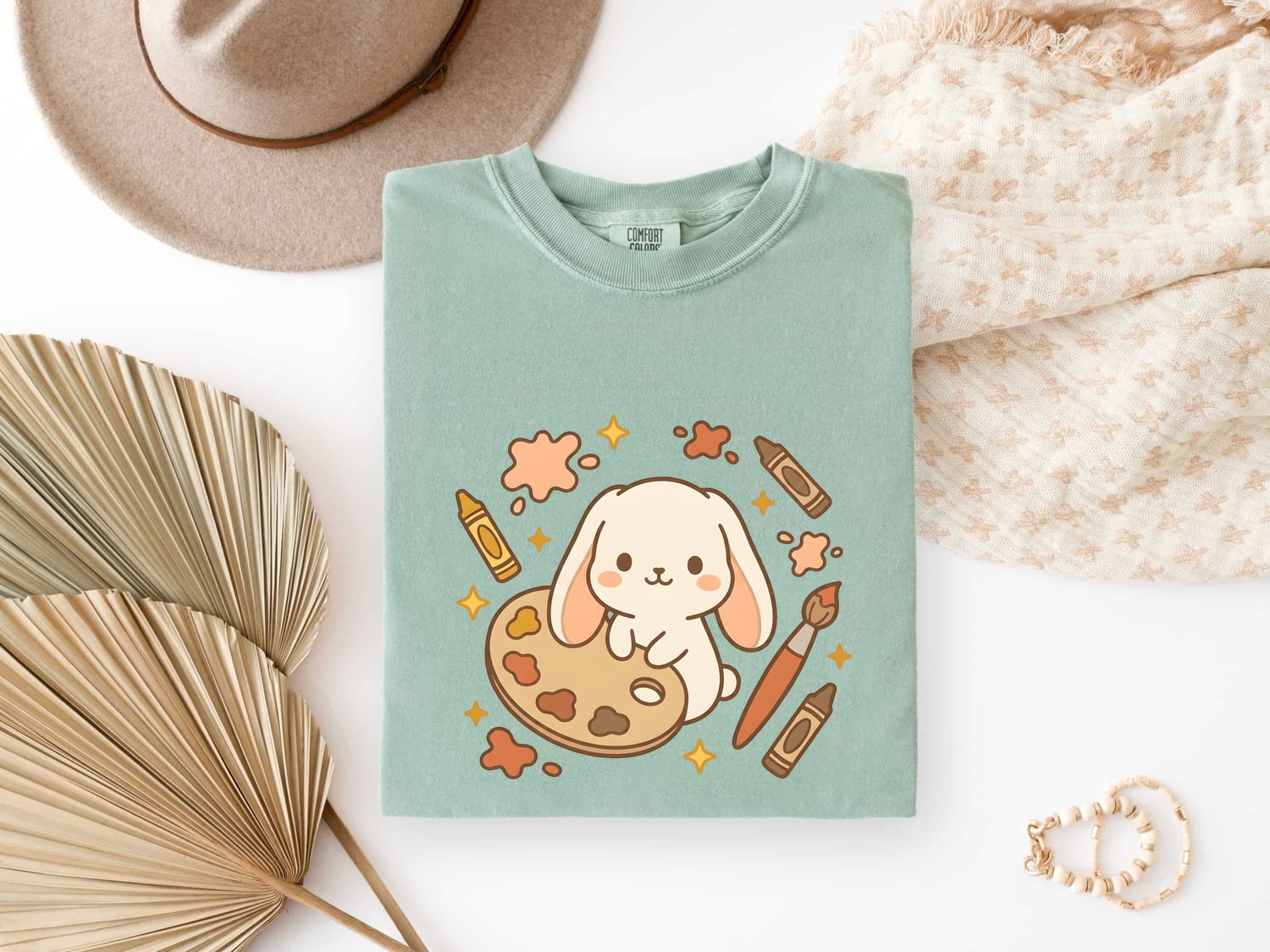 Rabbit Painter Shirt Teacher Pets Gift Women Cute Tee Bunny T-Shirt Educator Enthusiast Adorable Tshirt Animal Graphic Comic Colored Pencils