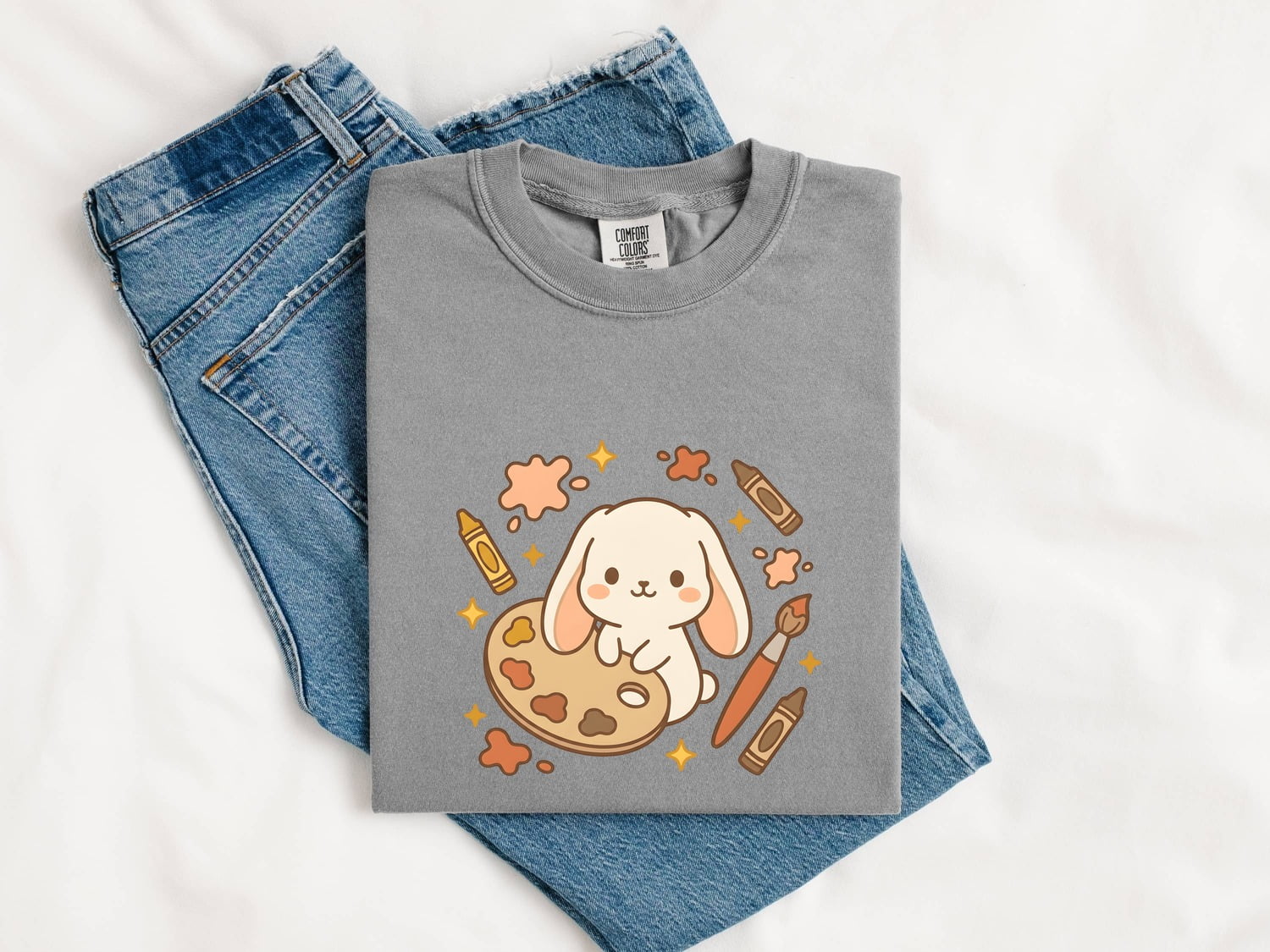 Rabbit Painter Shirt Teacher Pets Gift Women Cute Tee Bunny T-Shirt Educator Enthusiast Adorable Tshirt Animal Graphic Comic Colored Pencils