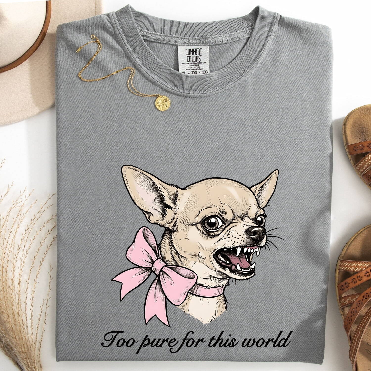 Chihuahua Puppy Shirt Funny Pet Gift Women Hand Drawn Tee Puppy T-Shirt Humor Fan Illustrated Tshirt Animal Graphic Retro Pink Ribbon Tshirt