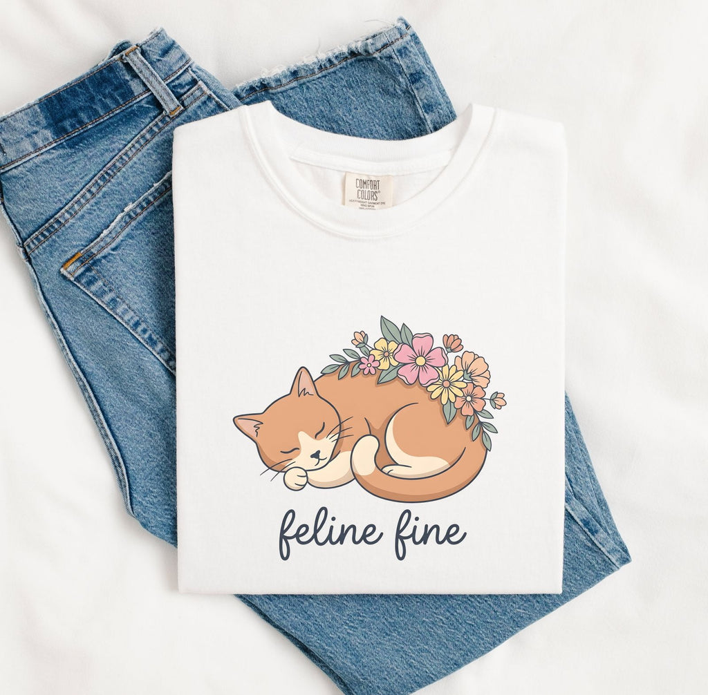 Napping Cat Shirt for Women – Sweet Doodle Blossom Illustration Kitten Graphic Tee