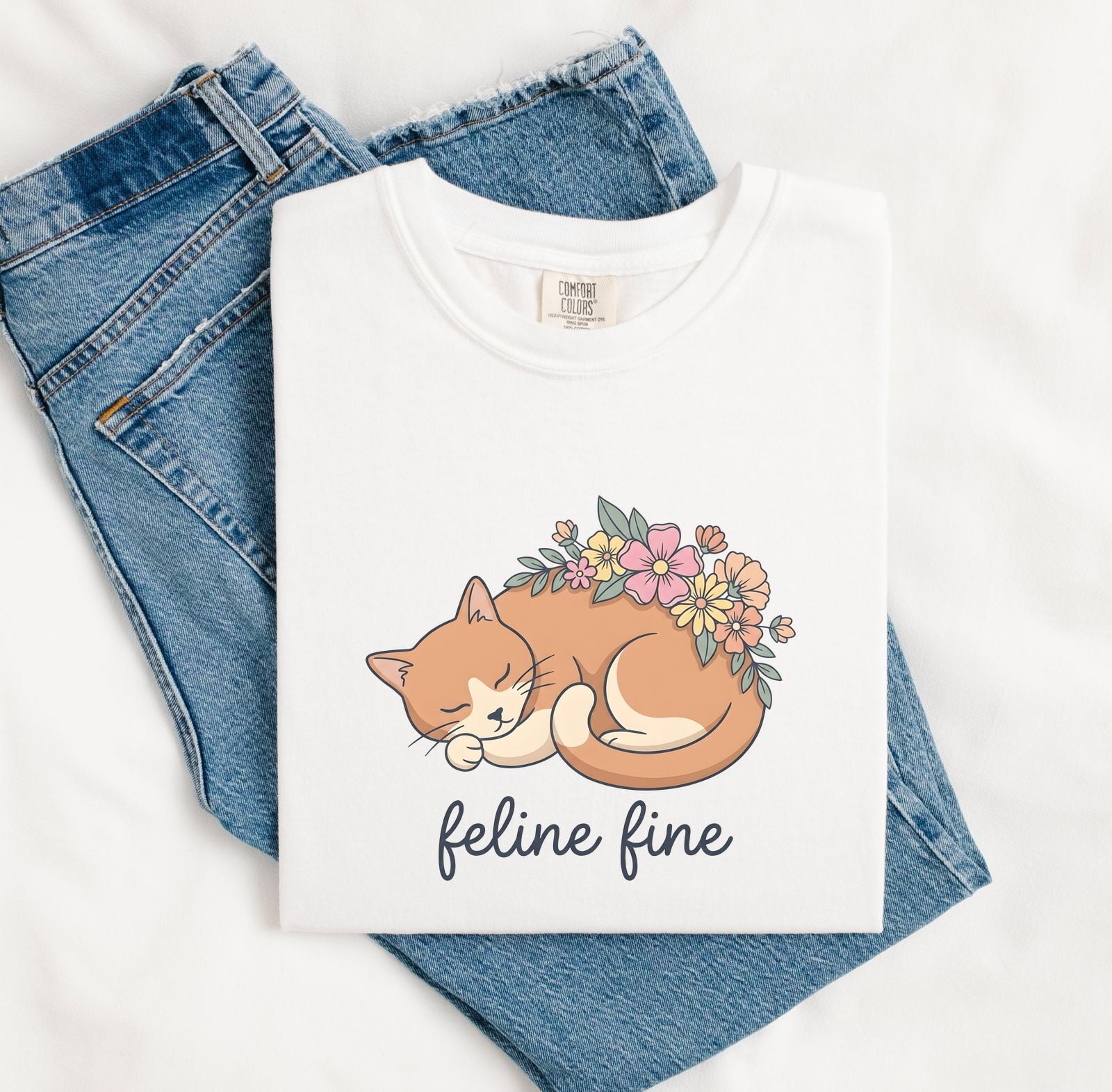 Napping Cat Shirt for Women – Sweet Doodle Blossom Illustration Kitten Graphic Tee