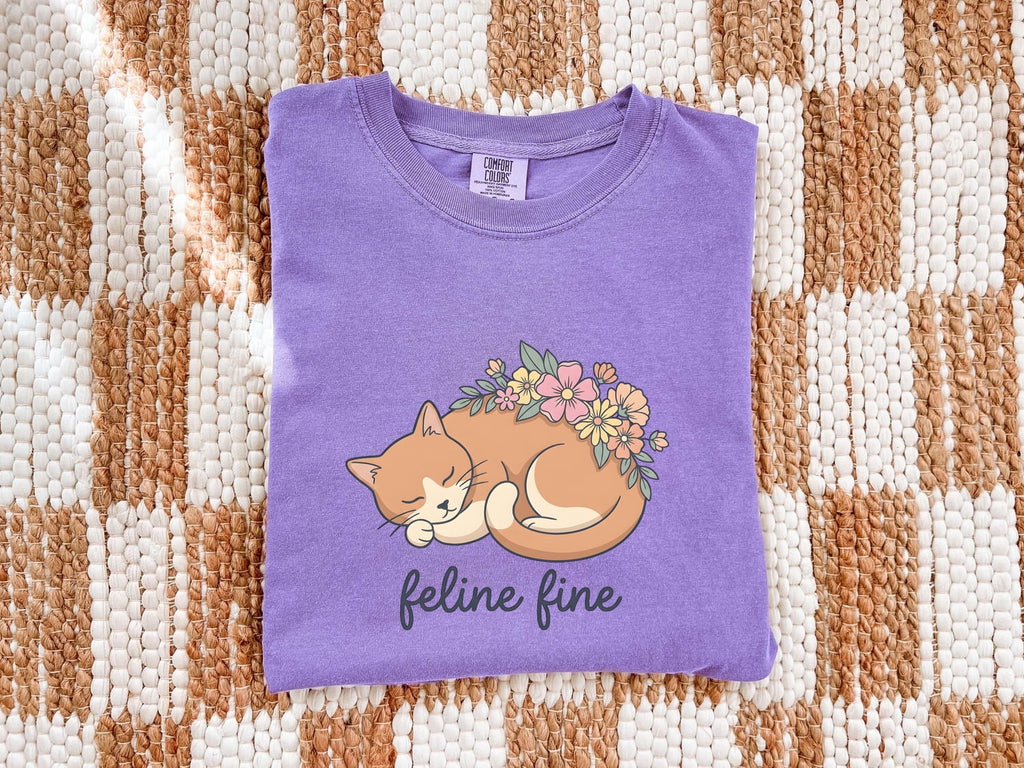 Napping Cat Shirt for Women – Sweet Doodle Blossom Illustration Kitten Graphic Tee