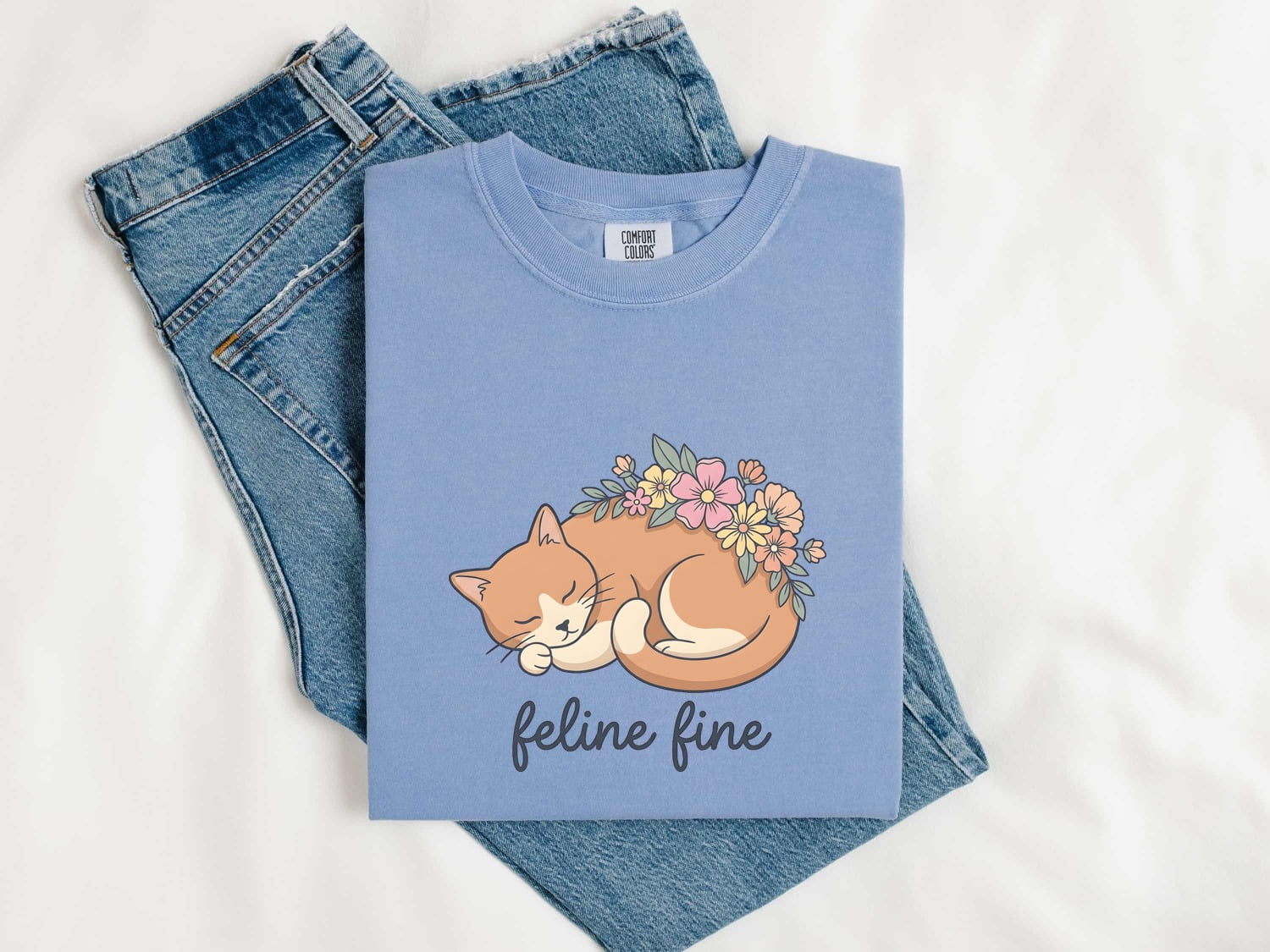 Napping Cat Shirt for Women – Sweet Doodle Blossom Illustration Kitten Graphic Tee