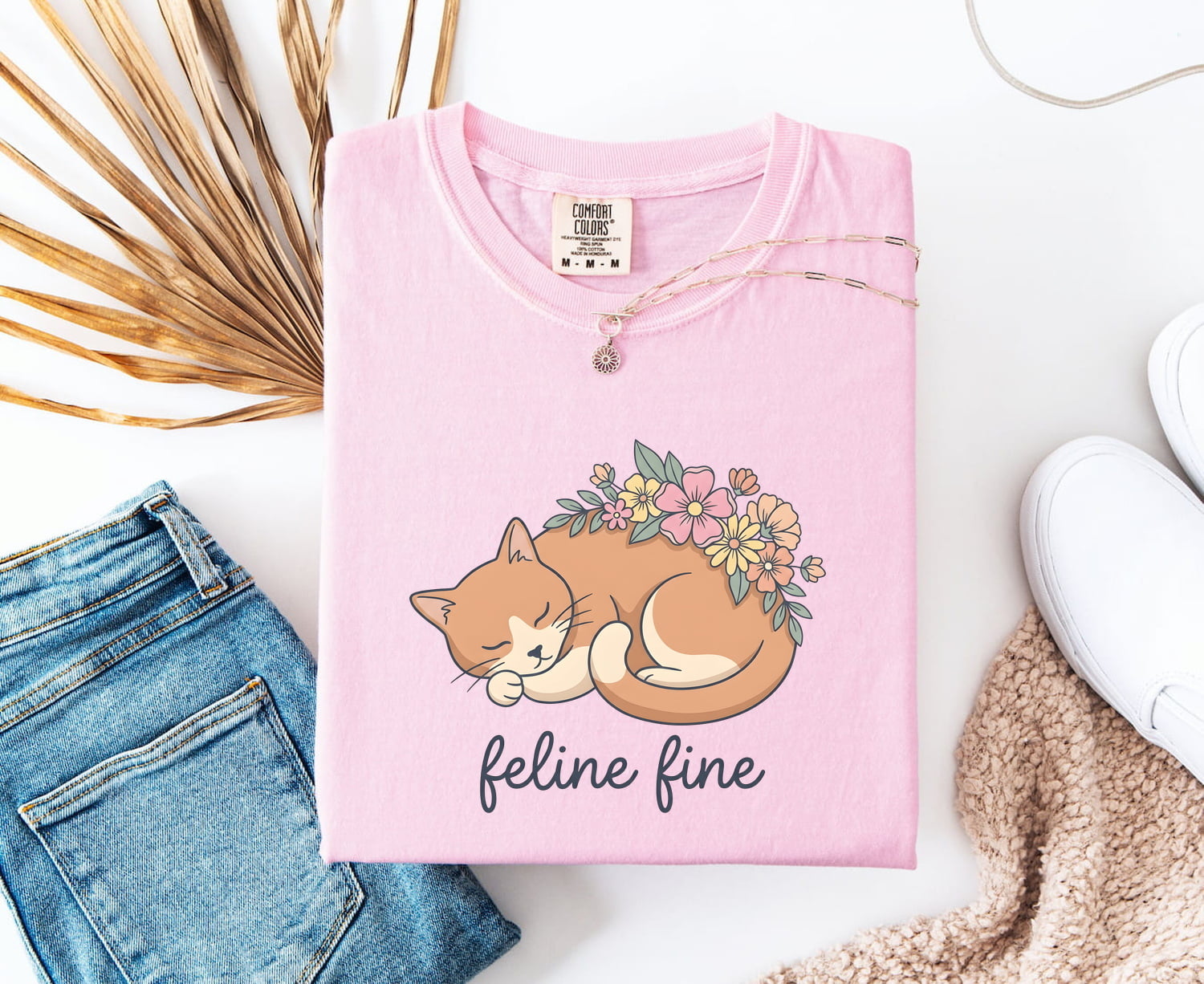 Napping Cat Shirt for Women – Sweet Doodle Blossom Illustration Kitten Graphic Tee