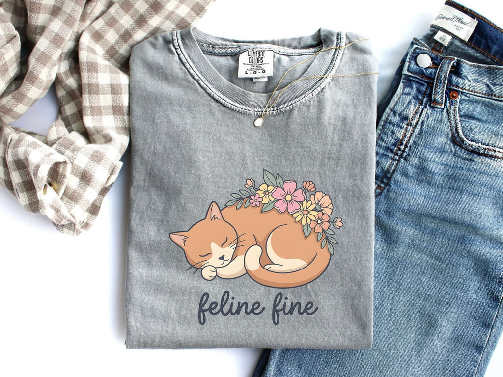 Napping Cat Shirt for Women – Sweet Doodle Blossom Illustration Kitten Graphic Tee