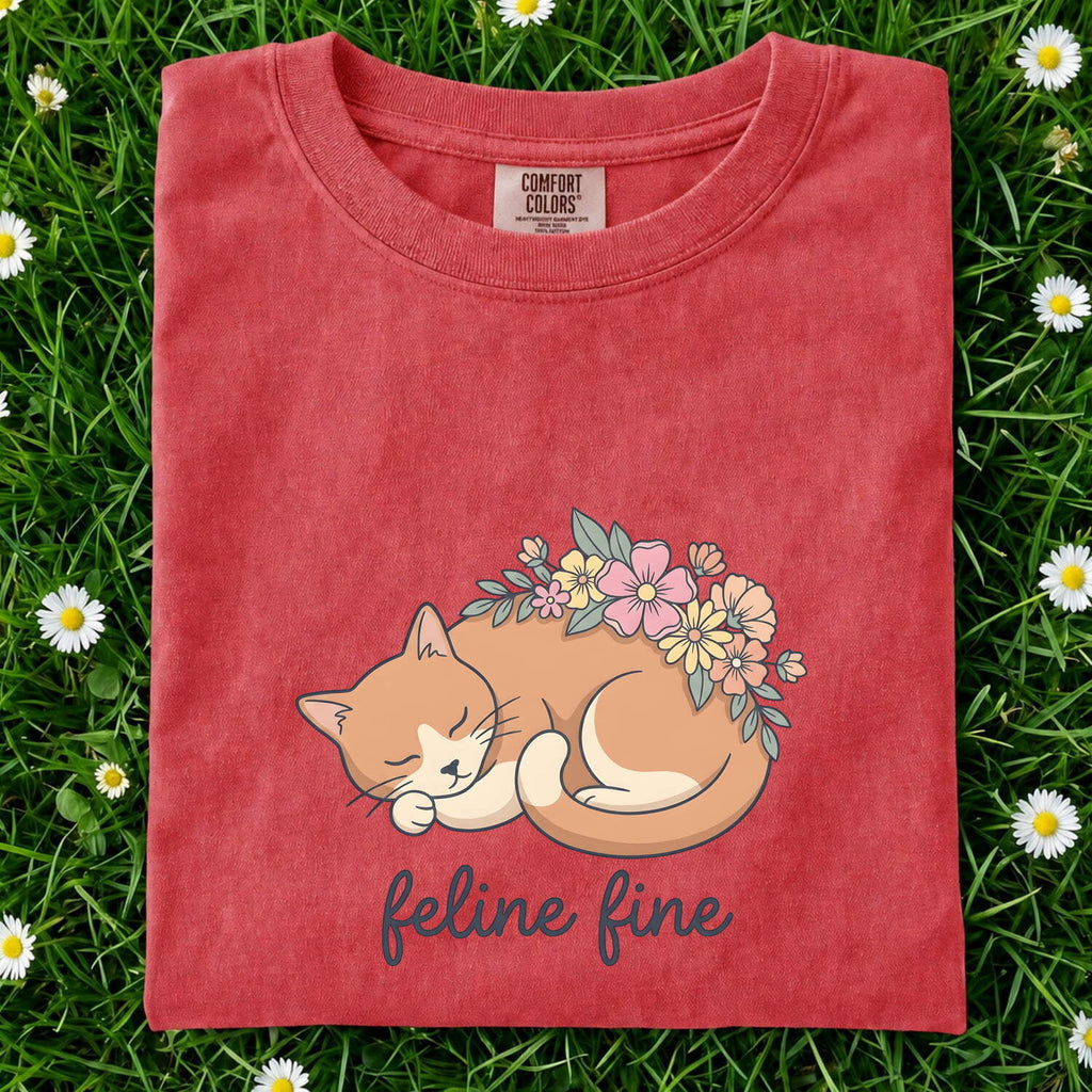 Napping Cat Shirt for Women – Sweet Doodle Blossom Illustration Kitten Graphic Tee