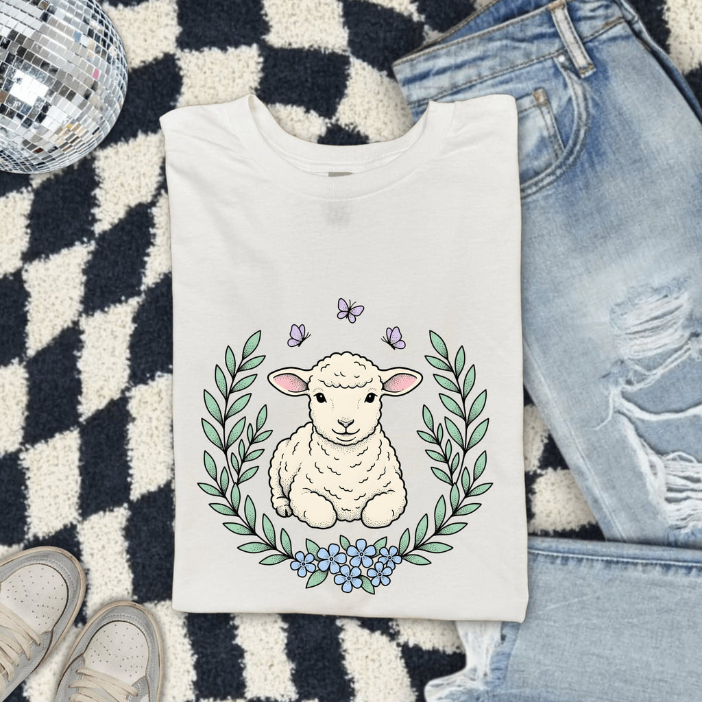 Lamb Clipart Shirt for Women – Easter Line Art Sheep Floral Garland Graphic Tee