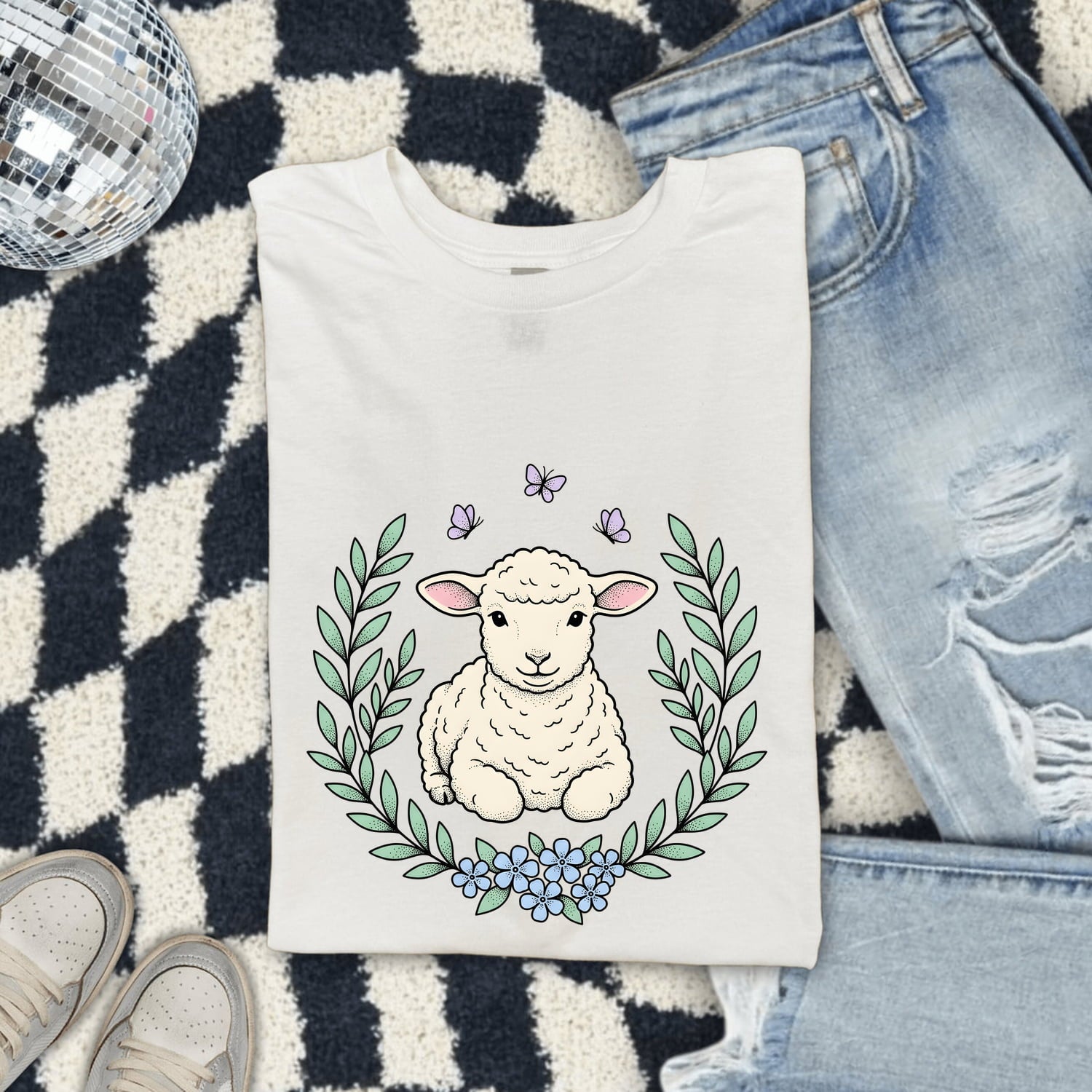 Lamb Clipart Shirt for Women – Easter Line Art Sheep Floral Garland Graphic Tee