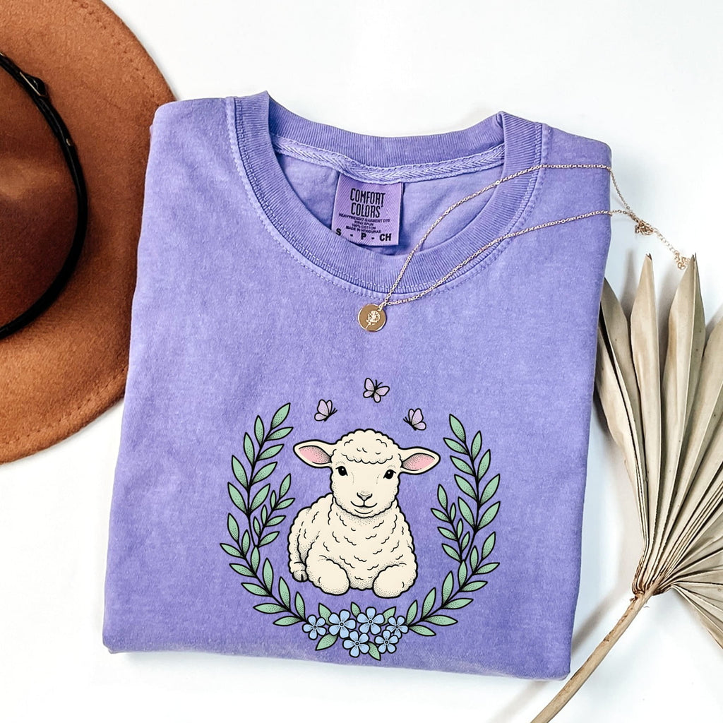 Lamb Clipart Shirt for Women – Easter Line Art Sheep Floral Garland Graphic Tee