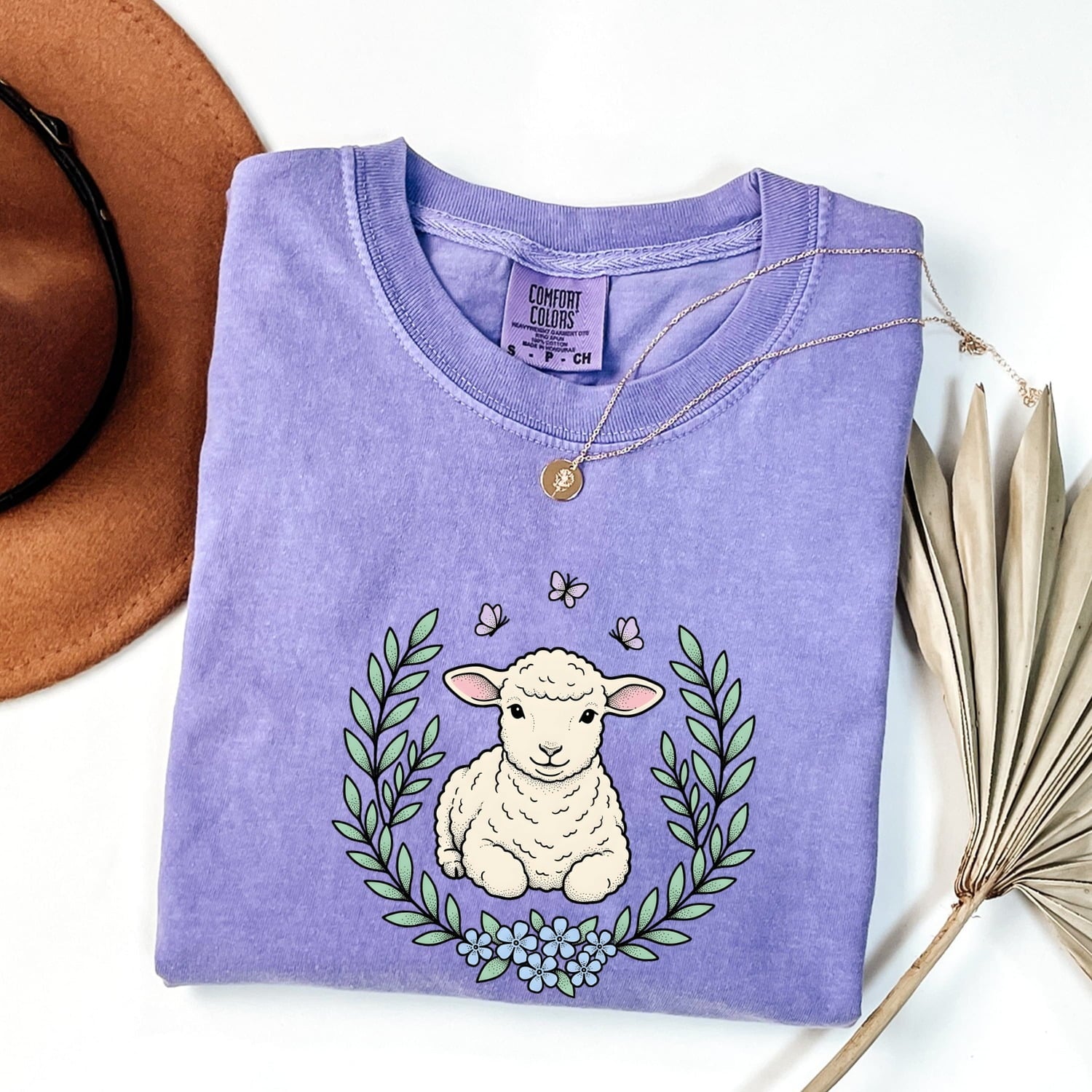Lamb Clipart Shirt for Women – Easter Line Art Sheep Floral Garland Graphic Tee