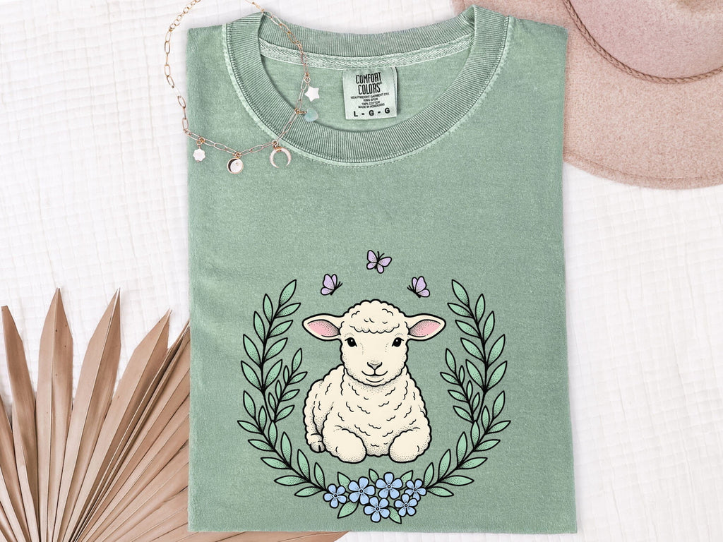 Lamb Clipart Shirt for Women – Easter Line Art Sheep Floral Garland Graphic Tee