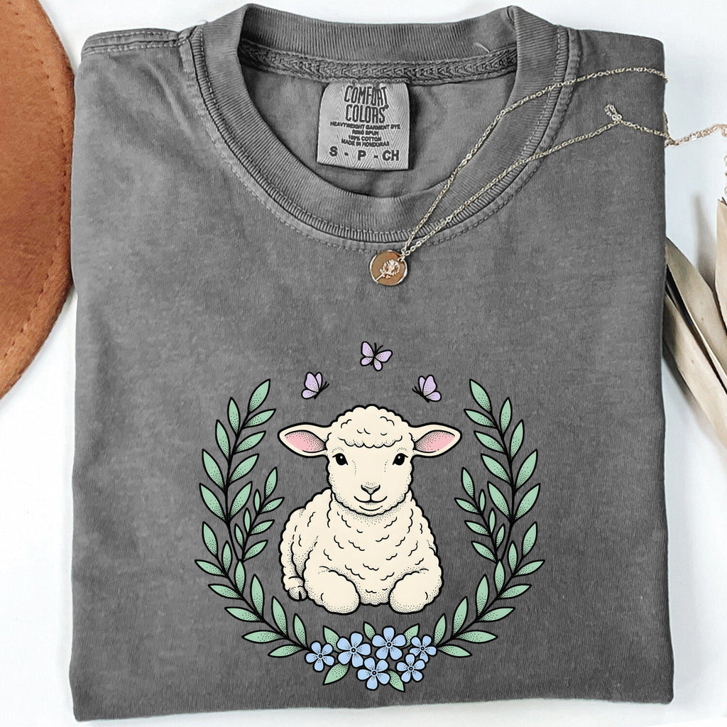 Lamb Clipart Shirt for Women – Easter Line Art Sheep Floral Garland Graphic Tee