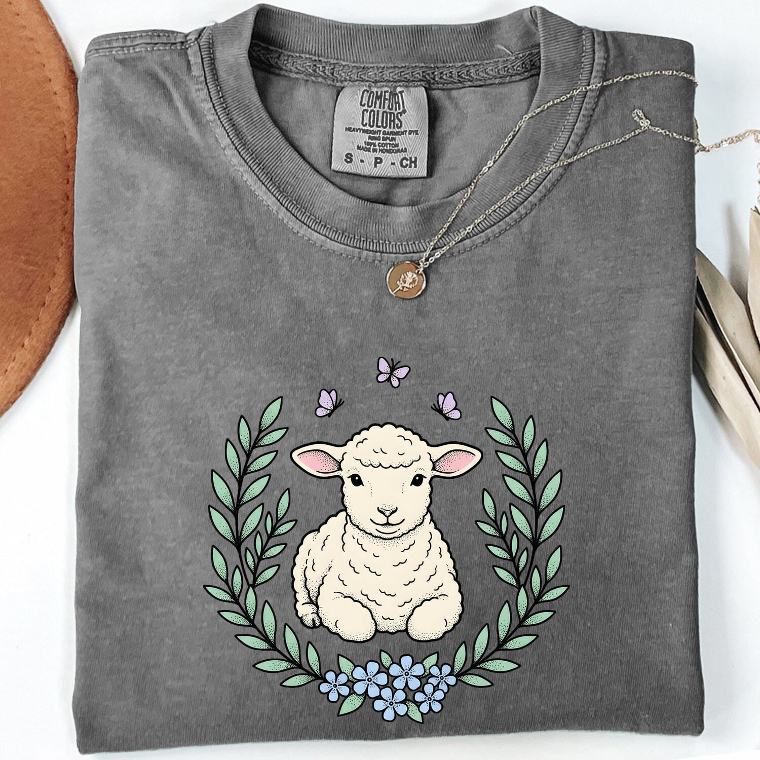 Lamb Clipart Shirt for Women – Easter Line Art Sheep Floral Garland Graphic Tee