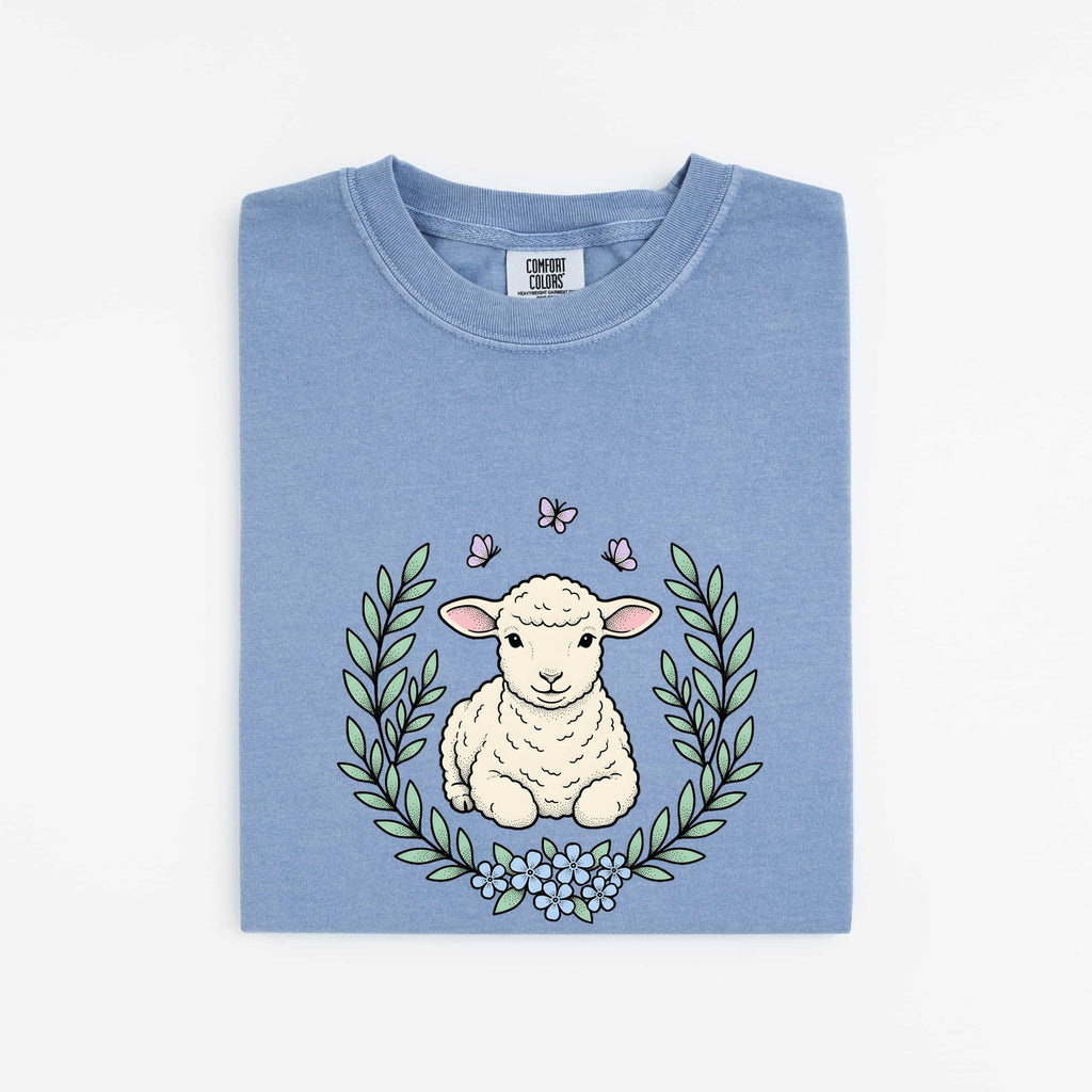 Lamb Clipart Shirt for Women – Easter Line Art Sheep Floral Garland Graphic Tee