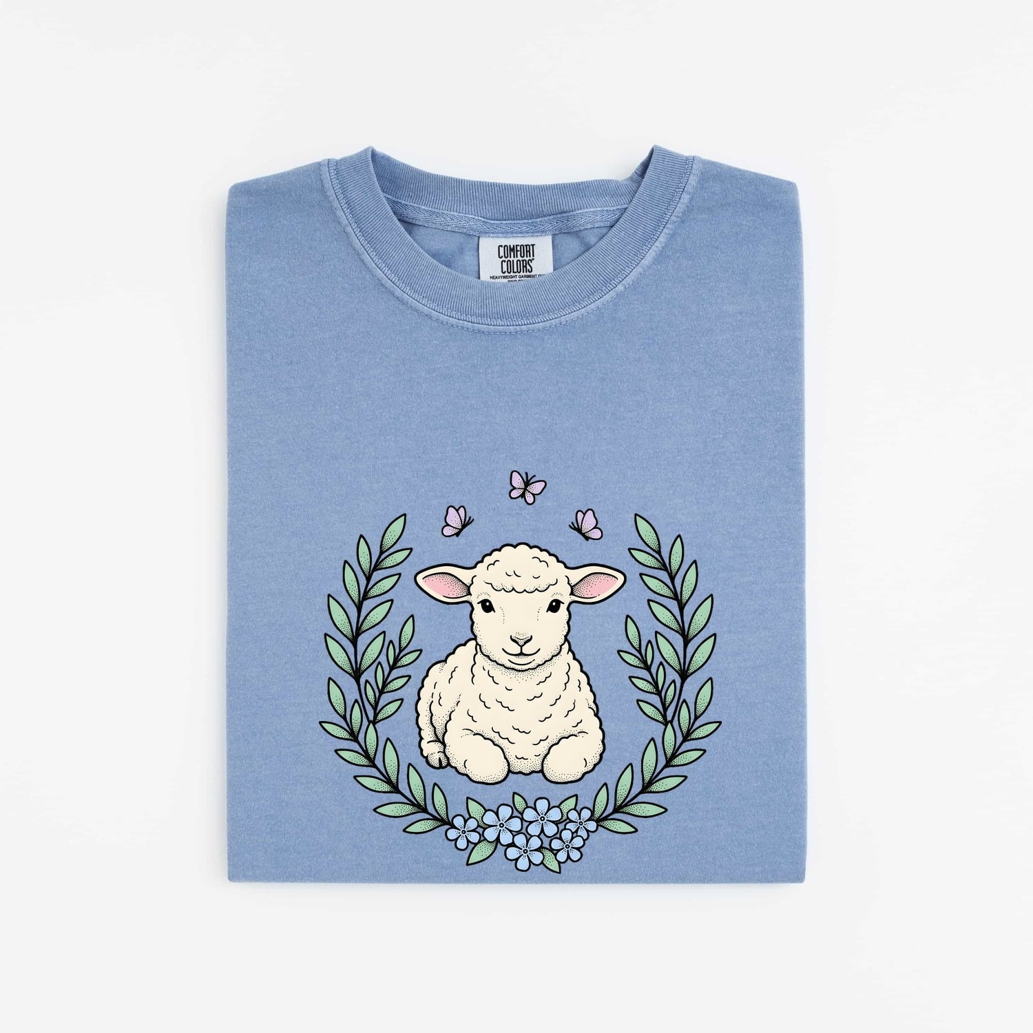 Lamb Clipart Shirt for Women – Easter Line Art Sheep Floral Garland Graphic Tee