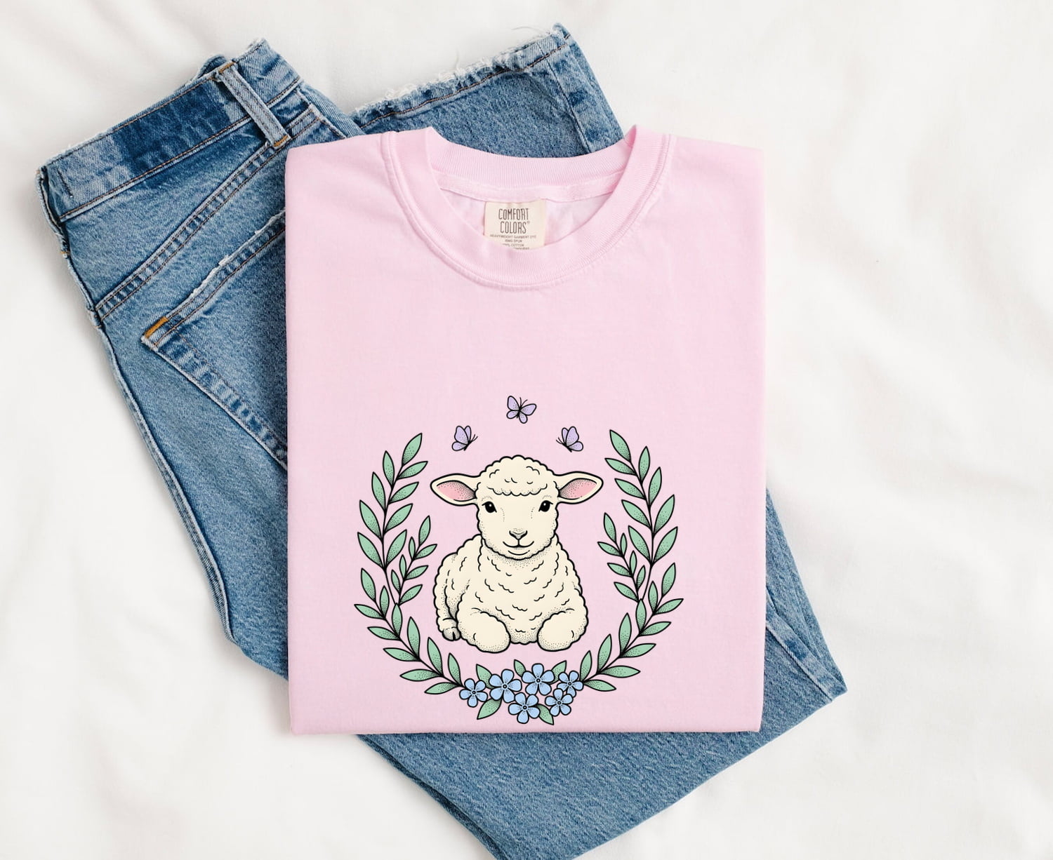 Lamb Clipart Shirt for Women – Easter Line Art Sheep Floral Garland Graphic Tee