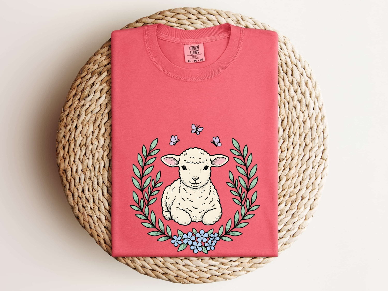 Lamb Clipart Shirt for Women – Easter Line Art Sheep Floral Garland Graphic Tee