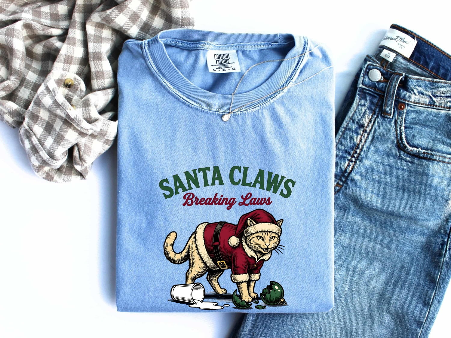 Santa Kitten Shirt Christmas Pet Gift Women Retro Tee Christmas Kitty T-Shirt Xmas Fan Holiday Tshirt Animal Graphic Vintage Shattered