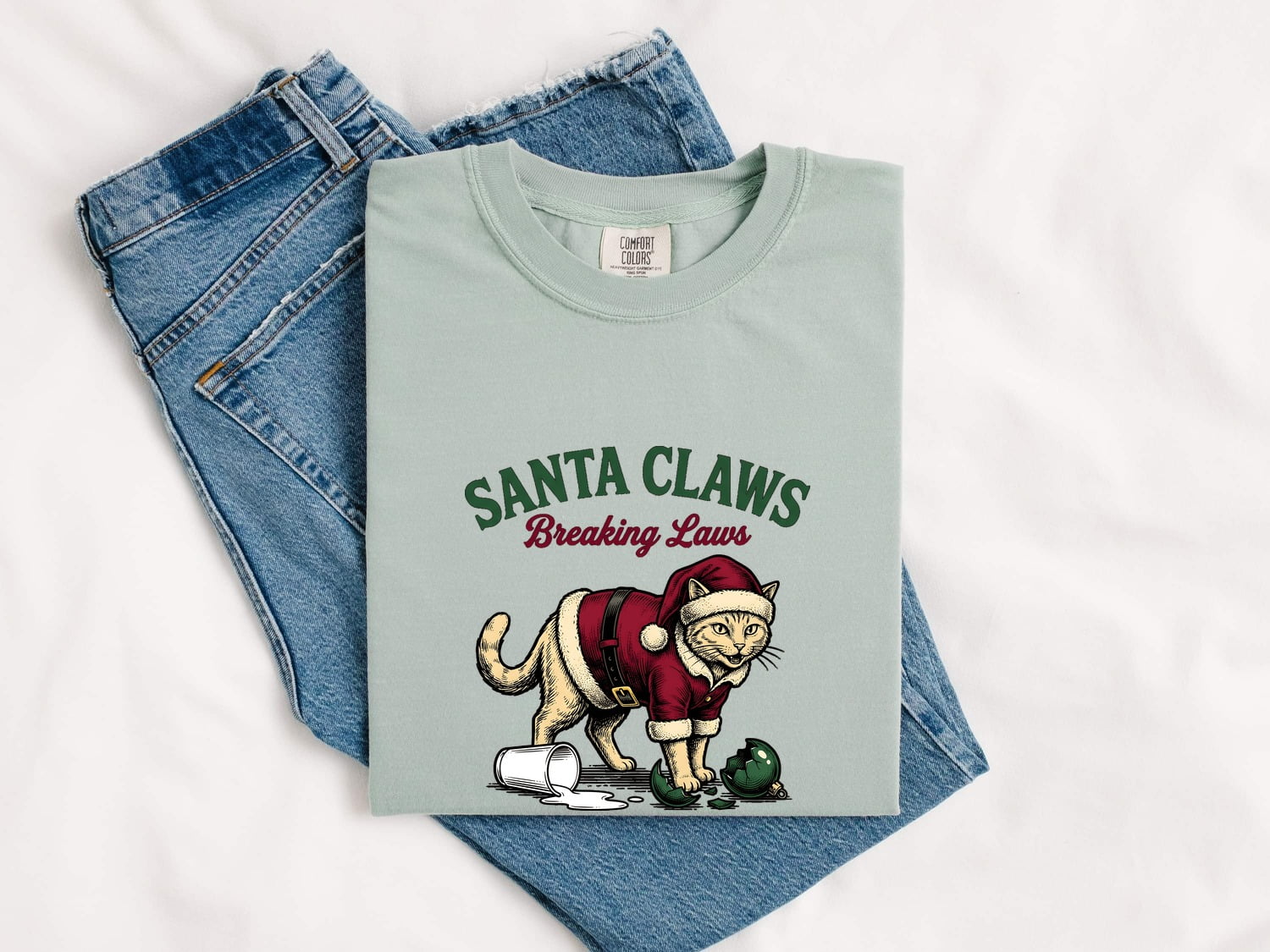 Santa Kitten Shirt Christmas Pet Gift Women Retro Tee Christmas Kitty T-Shirt Xmas Fan Holiday Tshirt Animal Graphic Vintage Shattered