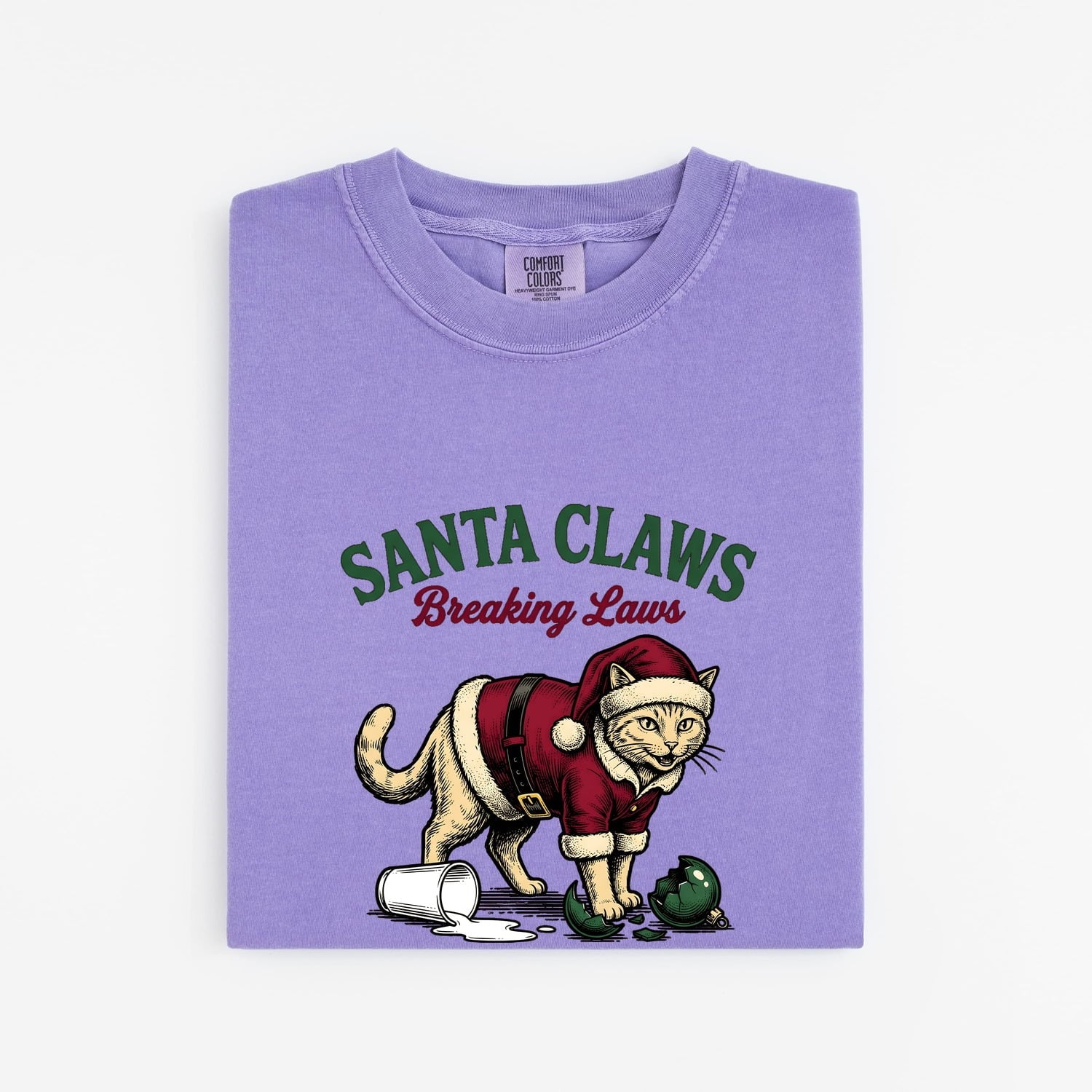 Santa Kitten Shirt Christmas Pet Gift Women Retro Tee Christmas Kitty T-Shirt Xmas Fan Holiday Tshirt Animal Graphic Vintage Shattered