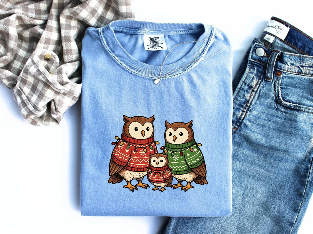 Owl Duo Shirt Christmas Pets Gift Women Cartoon Tee Owls T-Shirt Xmas Fan Hoot Graphic Owlet Illustration Traditional Jumpers Tshirt