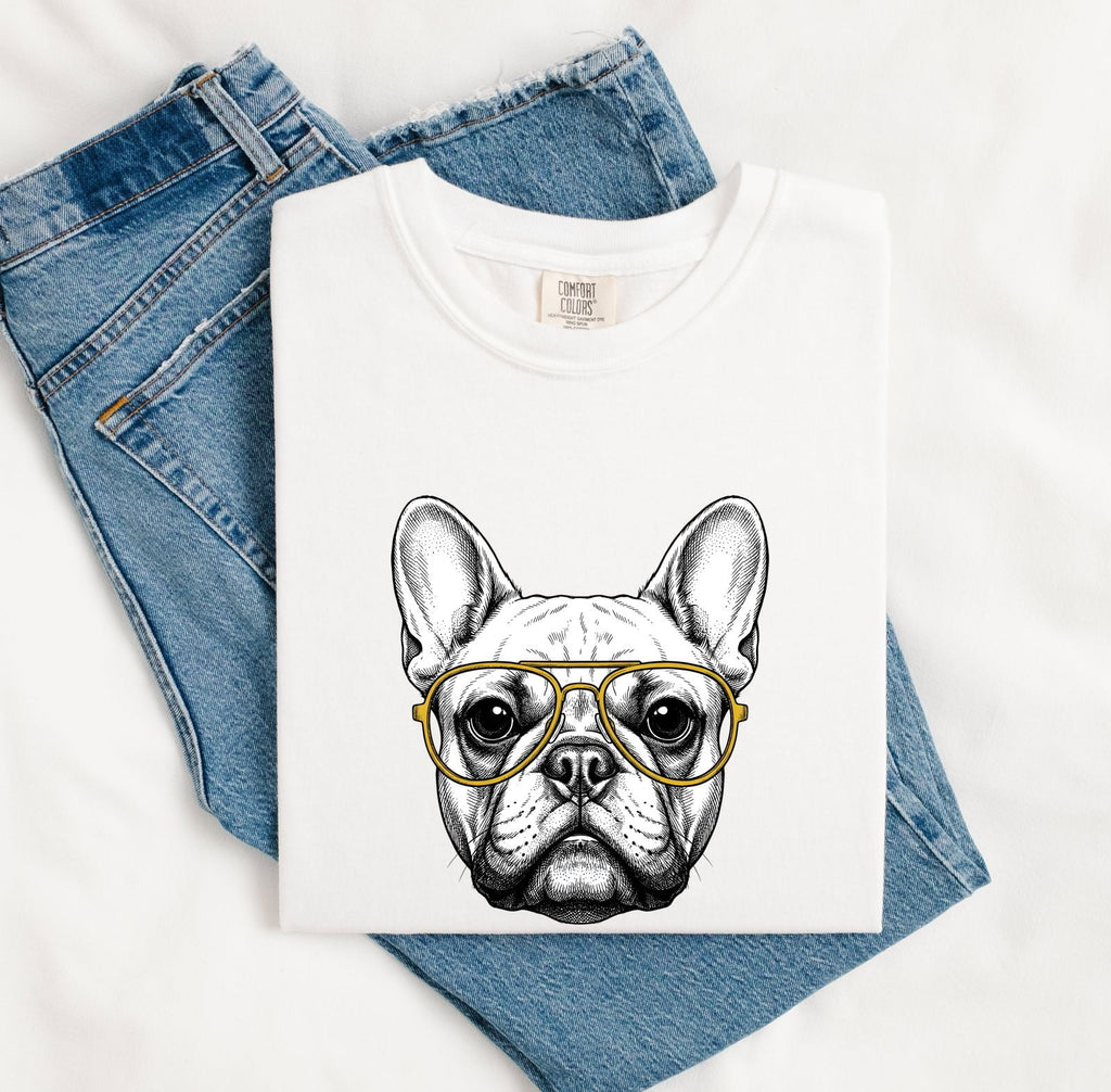 French Bulldog Shirt Dog Pets Gift Women Line Art Tee Bulldog T-Shirt Dog Fan Puppy Graphic Illustration Drawing Vintage Glasses Tshirt