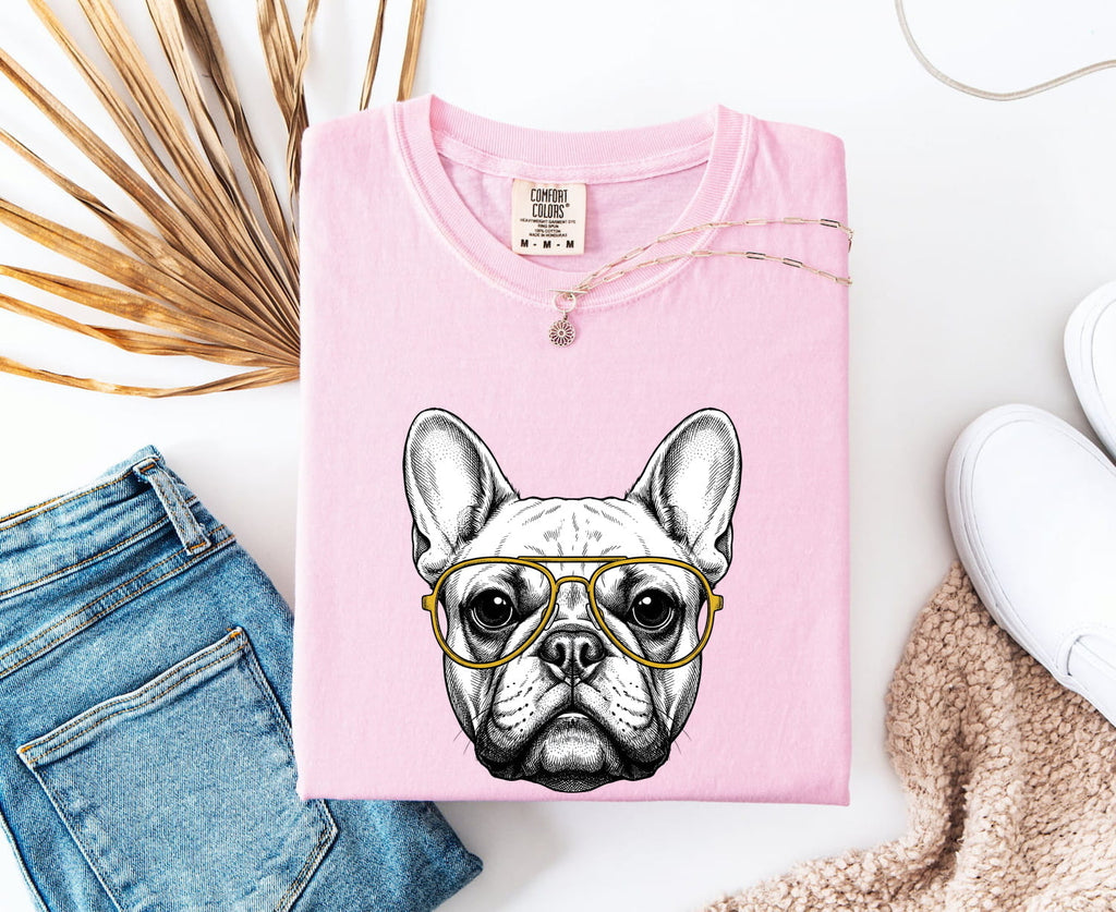 French Bulldog Shirt Dog Pets Gift Women Line Art Tee Bulldog T-Shirt Dog Fan Puppy Graphic Illustration Drawing Vintage Glasses Tshirt