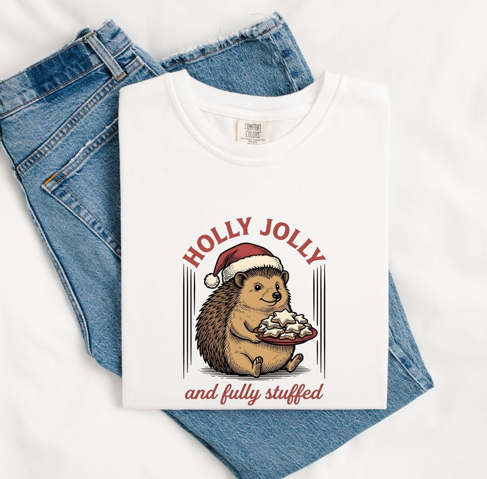 Christmas Hedgehog Shirt for Women – Retro Vintage Sketch Biscuits Animal Graphic Tee