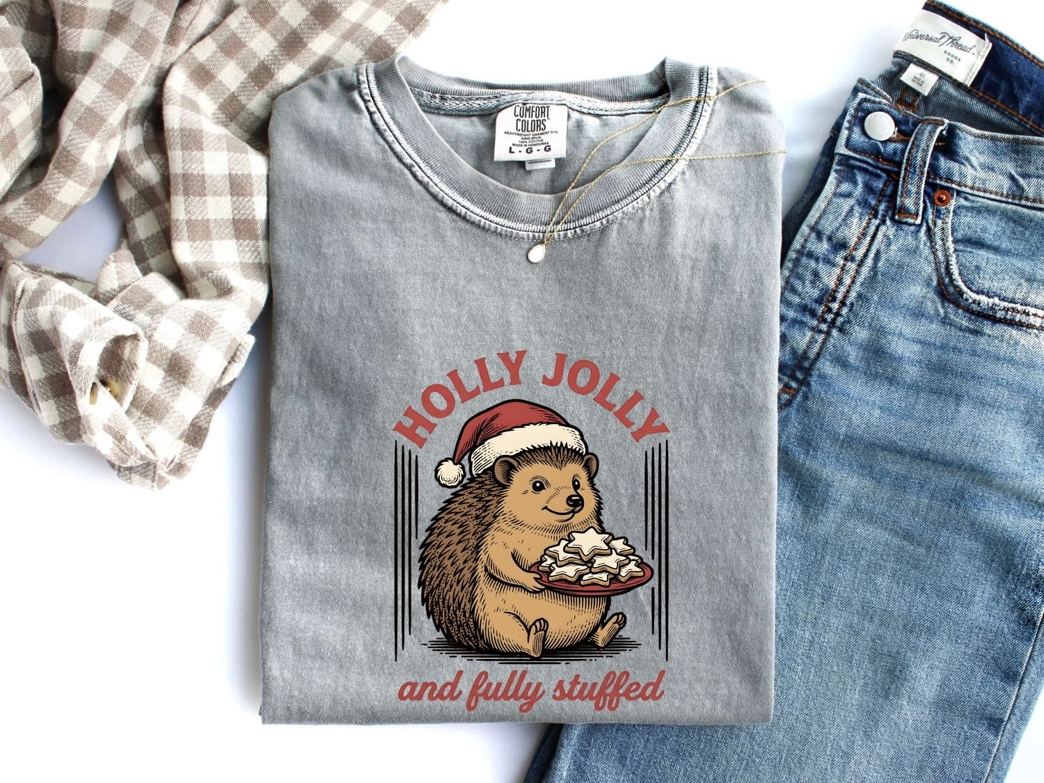 Christmas Hedgehog Shirt for Women – Retro Vintage Sketch Biscuits Animal Graphic Tee