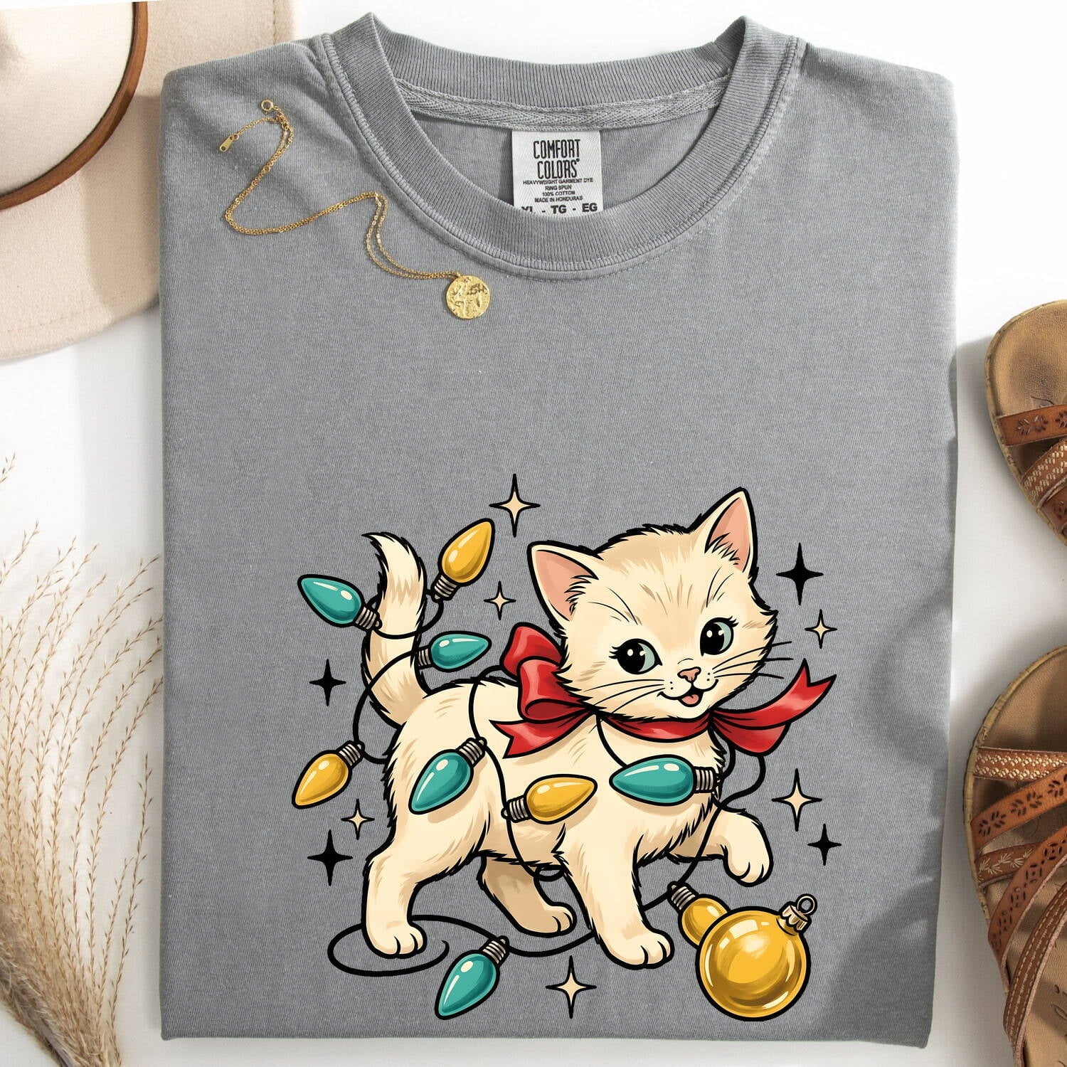 Christmas Cat Shirt for Women – Sweet Feline Fairy Lights Holiday Graphic Tee