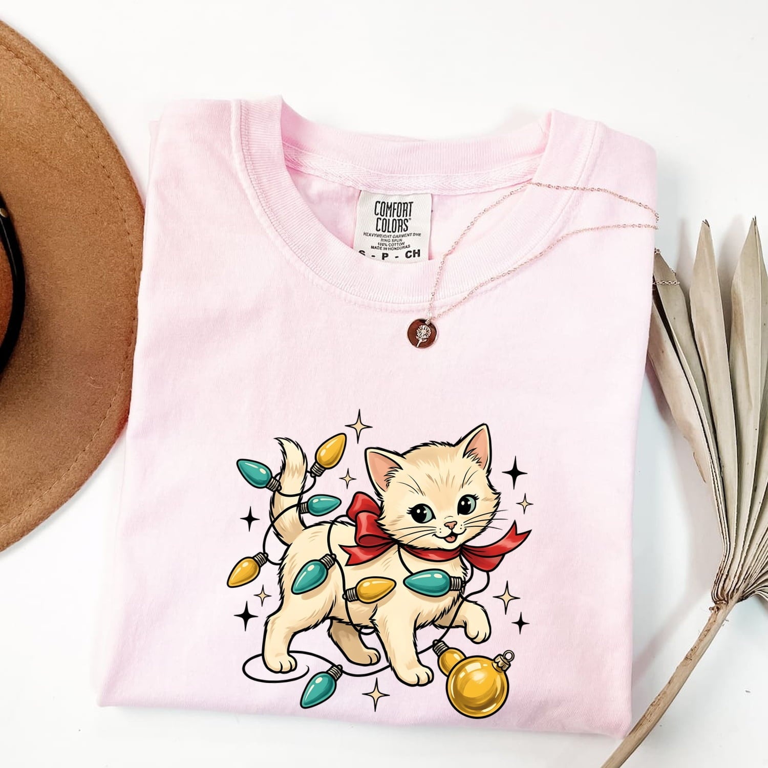 Christmas Cat Shirt for Women – Sweet Feline Fairy Lights Holiday Graphic Tee