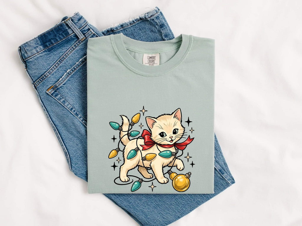 Christmas Cat Shirt for Women – Sweet Feline Fairy Lights Holiday Graphic Tee