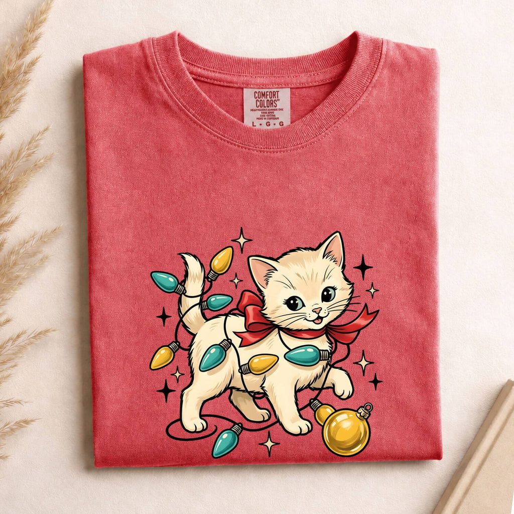 Christmas Cat Shirt for Women – Sweet Feline Fairy Lights Holiday Graphic Tee