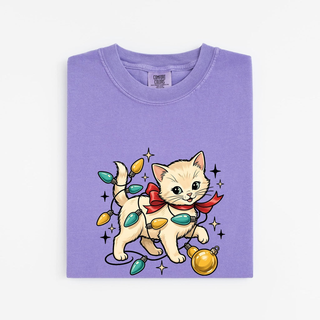 Christmas Cat Shirt for Women – Sweet Feline Fairy Lights Holiday Graphic Tee