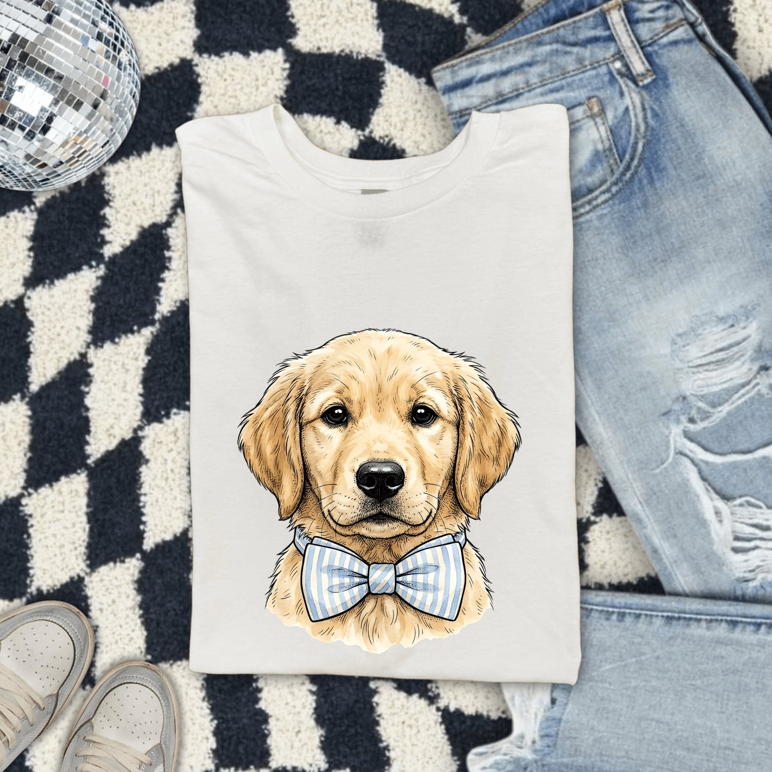 Easter Golden Retriever Shirt for Women – Retro Sketch Drawing Necktie Puppy Graphic Tee