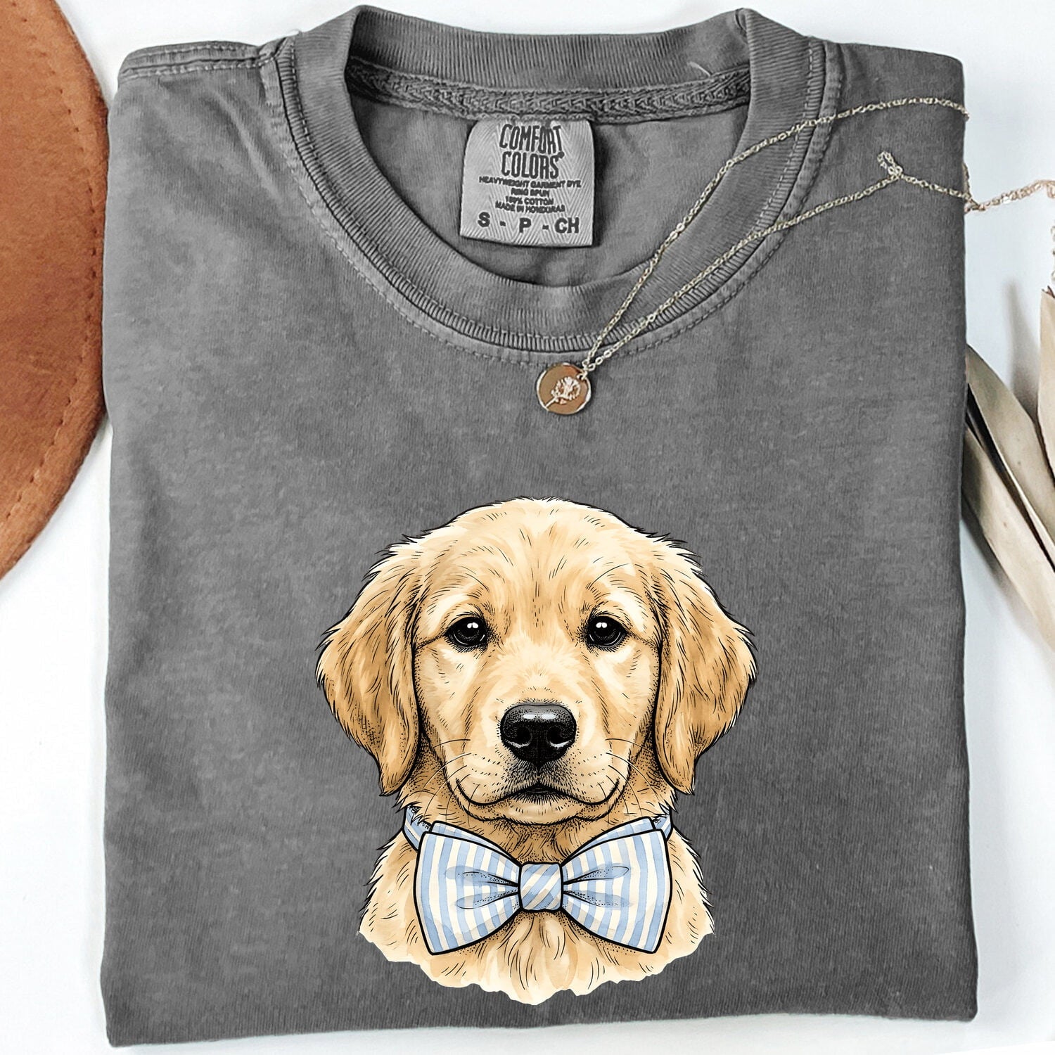 Easter Golden Retriever Shirt for Women – Retro Sketch Drawing Necktie Puppy Graphic Tee