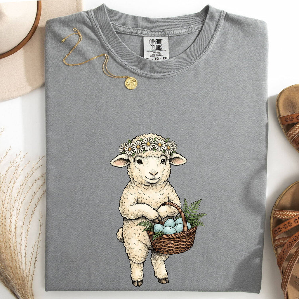 Easter Lamb Shirt for Women – Shabby Chic Doodle Spring Wreath Animal Graphic Tee
