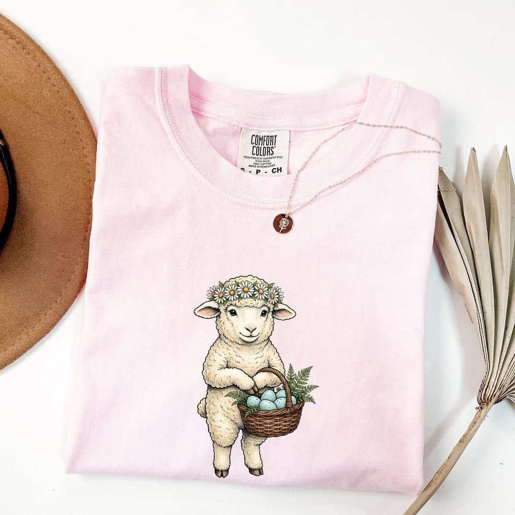 Easter Lamb Shirt for Women – Shabby Chic Doodle Spring Wreath Animal Graphic Tee