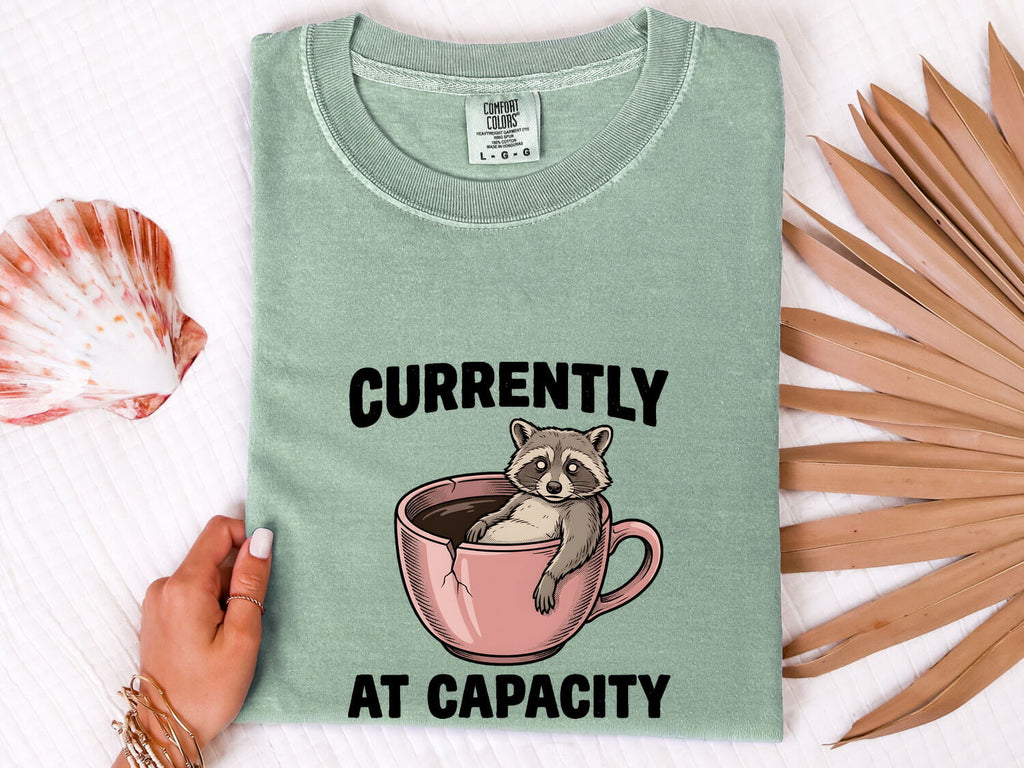 Raccoon Coffee Cup Shirt for Women – Funny Comic Retro Broken Mug Cartoon Animal Graphic Tee