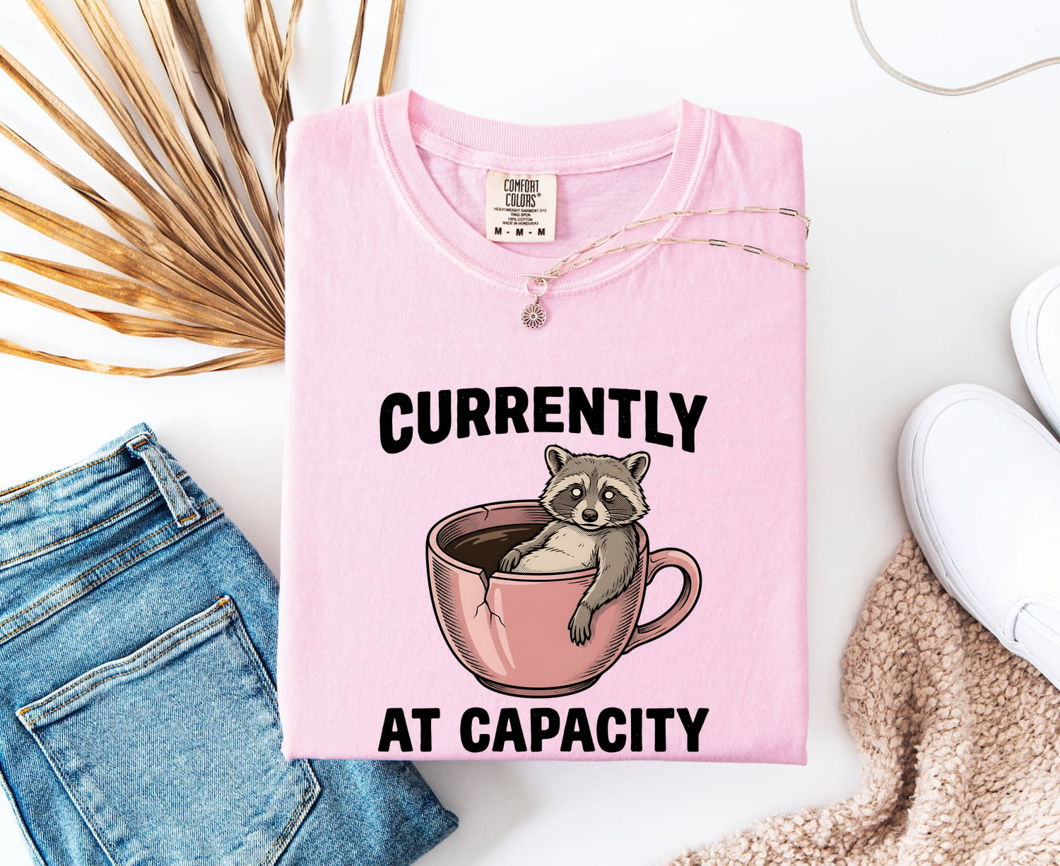 Raccoon Coffee Cup Shirt for Women – Funny Comic Retro Broken Mug Cartoon Animal Graphic Tee