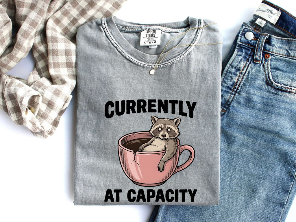 Raccoon Coffee Cup Shirt for Women – Funny Comic Retro Broken Mug Cartoon Animal Graphic Tee