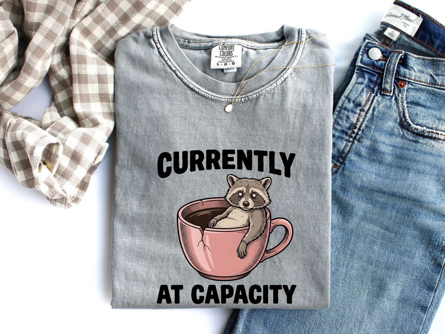 Raccoon Coffee Cup Shirt for Women – Funny Comic Retro Broken Mug Cartoon Animal Graphic Tee