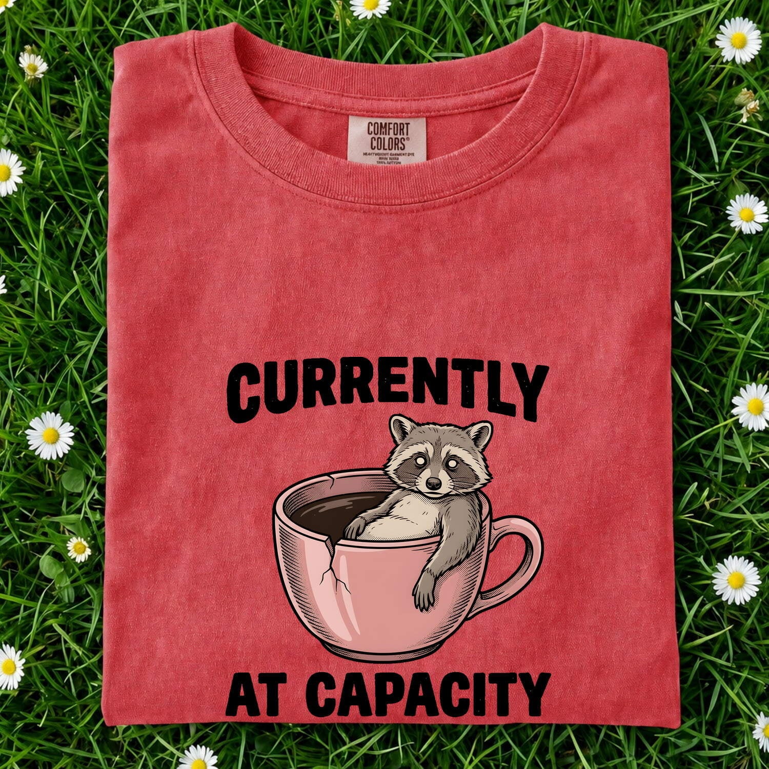 Raccoon Coffee Cup Shirt for Women – Funny Comic Retro Broken Mug Cartoon Animal Graphic Tee