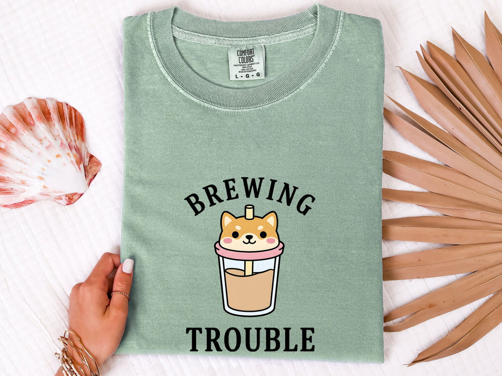 Shiba Inu Shirt for Women – Cute Comic Coffee Mug Boba Tea Dog Graphic Tee